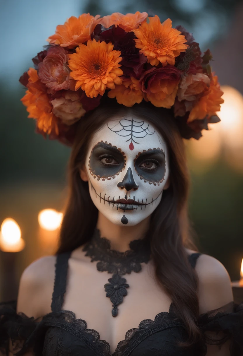 Artistic close-up photography of a beautiful woman characterized as a catrina, skeleton makeup for a Day of the Dead parade, incorporating elements of traditional Mexican art and modern design, elegant black catrina dress with orange floral elements, in the background you can see a night cemetery full of lit candles and orange flowers,  candlelight is reflected on the model, The photograph was taken with a Nikon D850 SLR camera