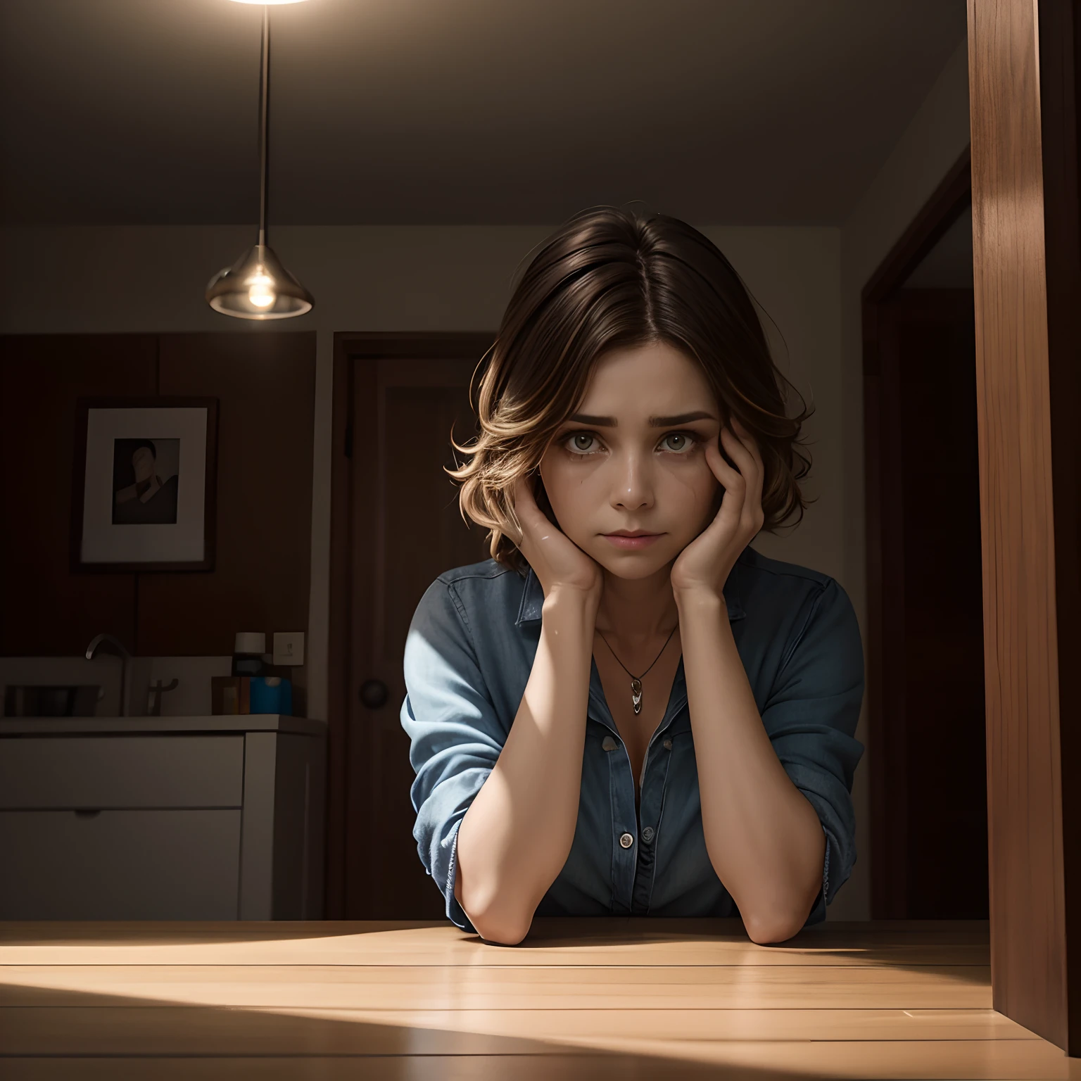 foco nos detalhes do rosto de Uma Mulher de 30 anos, Linda, olhos castanhos, messy hair, olhar triste, olhando para baixo, Crying lonely in the corner of a dark room, maquiagem borrada, hands on face, perfect hands, cotovelo apoiado sobre uma mesa, roupas estilo anos 90, Centralized lighting, distant view , fotorrealismo, 8k UHD, alta qualidade.