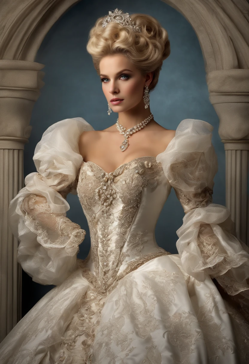 A stunningly beautiful blonde fairytale Princess shining with Royal Pomp and Regal Splendor, wearing a Stately and (((Elaborate))) Royal Cinderella Wedding Dress of Silver and White Brocade, with (((enormous puffed sleeves))) a stiffly boned, padded and corseted bodice, an hourglass waist, a (((huge crinoline hoopskirt))) and (((bustle))), adorned with ribbons, bows, roses, lace, ruffles, frills, embroidery, and jewels, elaborately curled and styled hair, long white gloves, pearl and diamond necklace and earrings