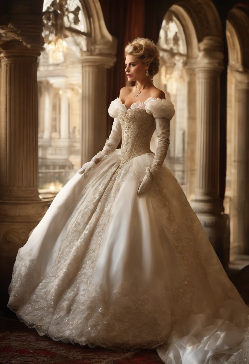 A stunningly beautiful blonde fairytale Princess shining with Royal Pomp and Regal Splendor, wearing a Stately and (((Elaborate))) Royal Cinderella Wedding Dress of Silver and White Brocade, with (((enormous puffed sleeves))) a stiffly boned, padded and corseted bodice, an hourglass waist, a (((huge crinoline hoopskirt))) and (((bustle))), adorned with ribbons, bows, roses, lace, ruffles, frills, embroidery, and jewels, elaborately curled and styled hair, long white gloves, pearl and diamond necklace and earrings