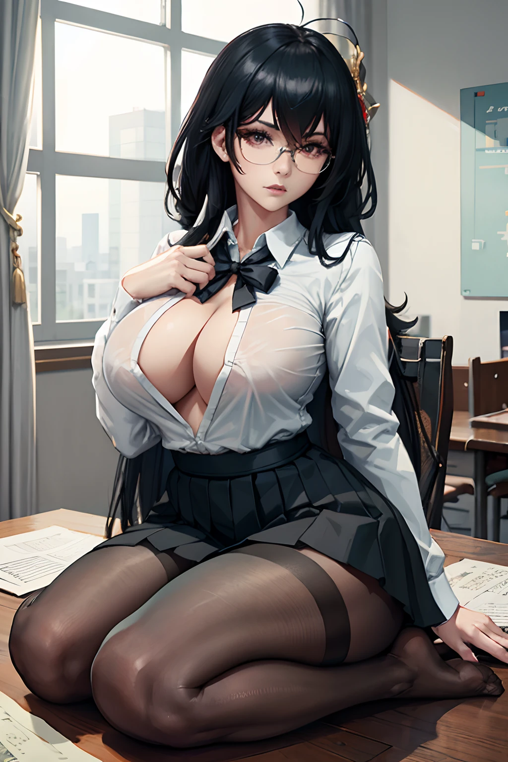 taihousweet, anime - style image of a woman in a skirt and stockings sitting in a chair, seductive anime girl, smooth anime cg art, a hyperrealistic school teacher, hyperrealistic office lady, fine details. azur lane, realistic school teacher, (nsfw) not safe for work, on a desk, from azur lane, beautiful anime girl squatting, black hair, long hair, large breasts, cleavage, white shirt, open shirt, black skirt, short skirt, black stockings, pantyhose, feet, soles, barefoot, glasses, wireframe glasses, white panties, seductive anime girl, beautiful detailed eyes, beautiful detailed girl, curvy:1.1, dynamic pose, fashion clothing with diverse colors, full body, (full body shot:1.1), looking at viewer, perfect eyes, perfect face, perfect retina, seductive look, sexy pose, ultra detail face, ultra detail hair, very detailed eyes and face, 8k wallpaper, amazing, ambient occlusion, best quality, CG, cinematic lighting, detailed painting, field of view, fine detail, fluid motion, harmony, (High Quality:1.4), high resolution, huge file size, illustration, interconnected elements, Intricate Details, masterpiece , movie lighting, photorealistic lighting, (photorealistic:1.4), professional artwork, (raw photo:1.2), realistic shadows, reflective art, sharp focus, solo, super detailed, unified, very detailed, (vibrant colors:1.05), vivid lighting, warm and cool color palette, extremely detailed artgerm, trending on artstation pixiv,