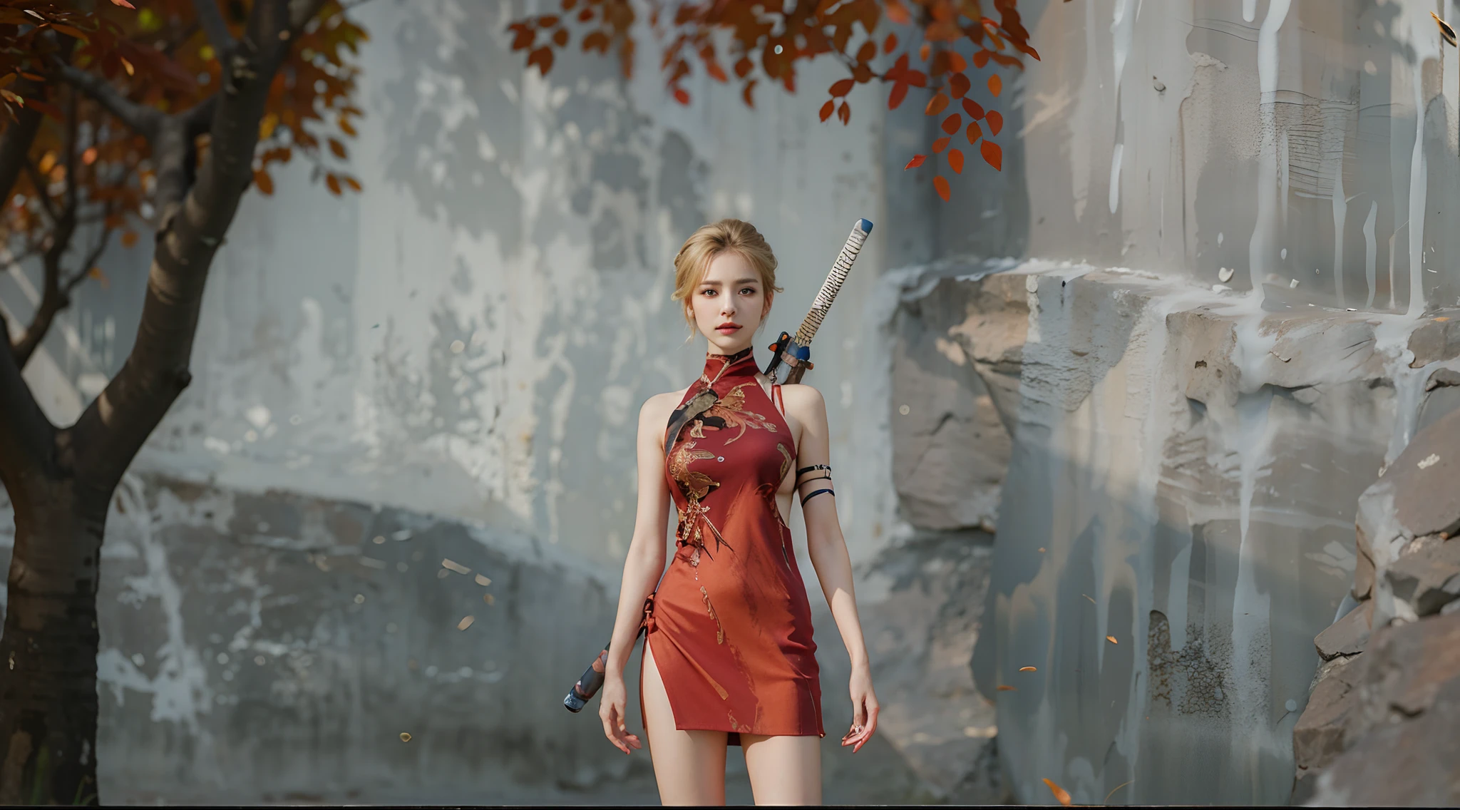 Best quality, masterpiece, big boobs, (large breasts), detailed skin texture, detailed cloth texture, detailed face, super detail, 8k, intricate detail, 1girl, 30 years old, high contrast, high resolution eyes, detailed hair, realistic hair, Korean, blonde short haired, white katana sword, detailed clothes