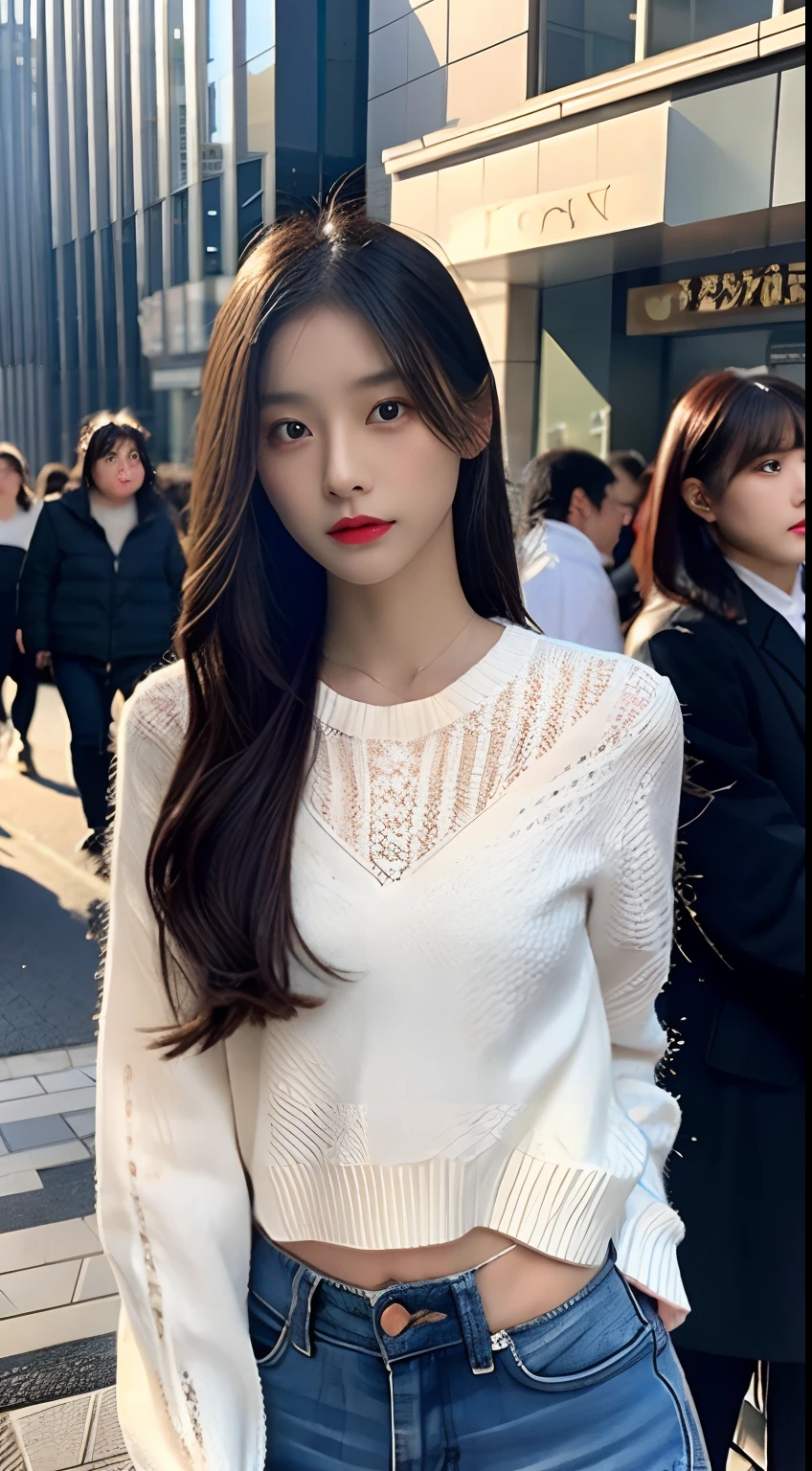 (1 Korean girl),((best qualtiy, 8K, tmasterpiece:1.3)), super clear detail, perfect figure beautiful woman:1.4 ,(ssmile),(street:1.3), Highly detailed facial and skin texture, A detailed eye, 二重まぶた,Whiten skin,(Black long straight:1.3),(with a round face:1.5),(Skirt that wraps hips:1.4),