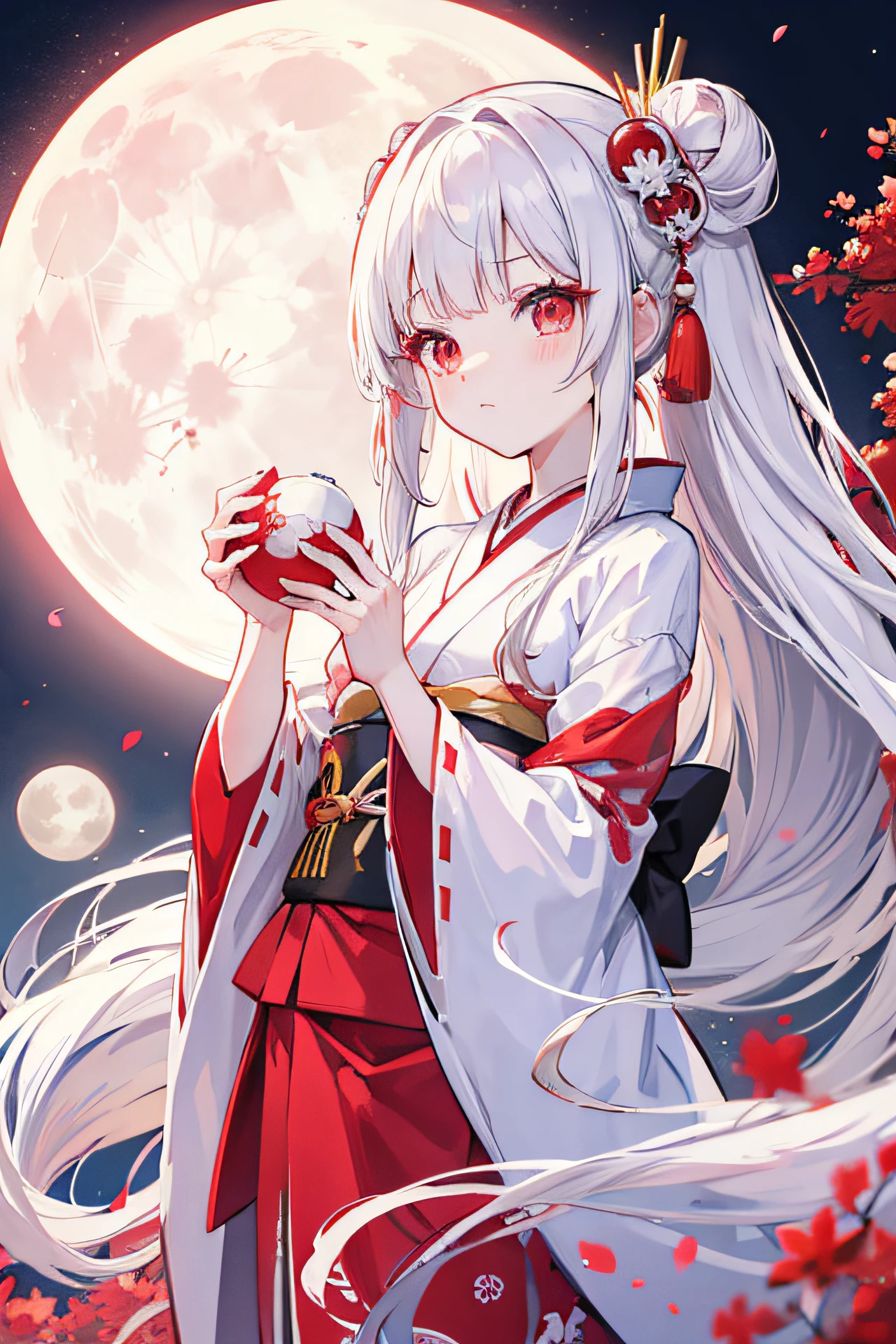Anime, Cute, Japanese, Kaguya, Long White Hair, Ruby Red Eyes, petite, long kimono, full moon, playing with hair