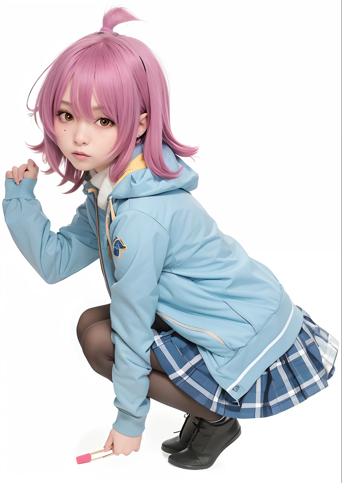(best quality, master piece), perfect face an body, Chica arrodillada con un cabello rosa y una chaqueta azul, The girl is crouching, pink hair, yellow eyes, pantyhose, ahoge, blush,