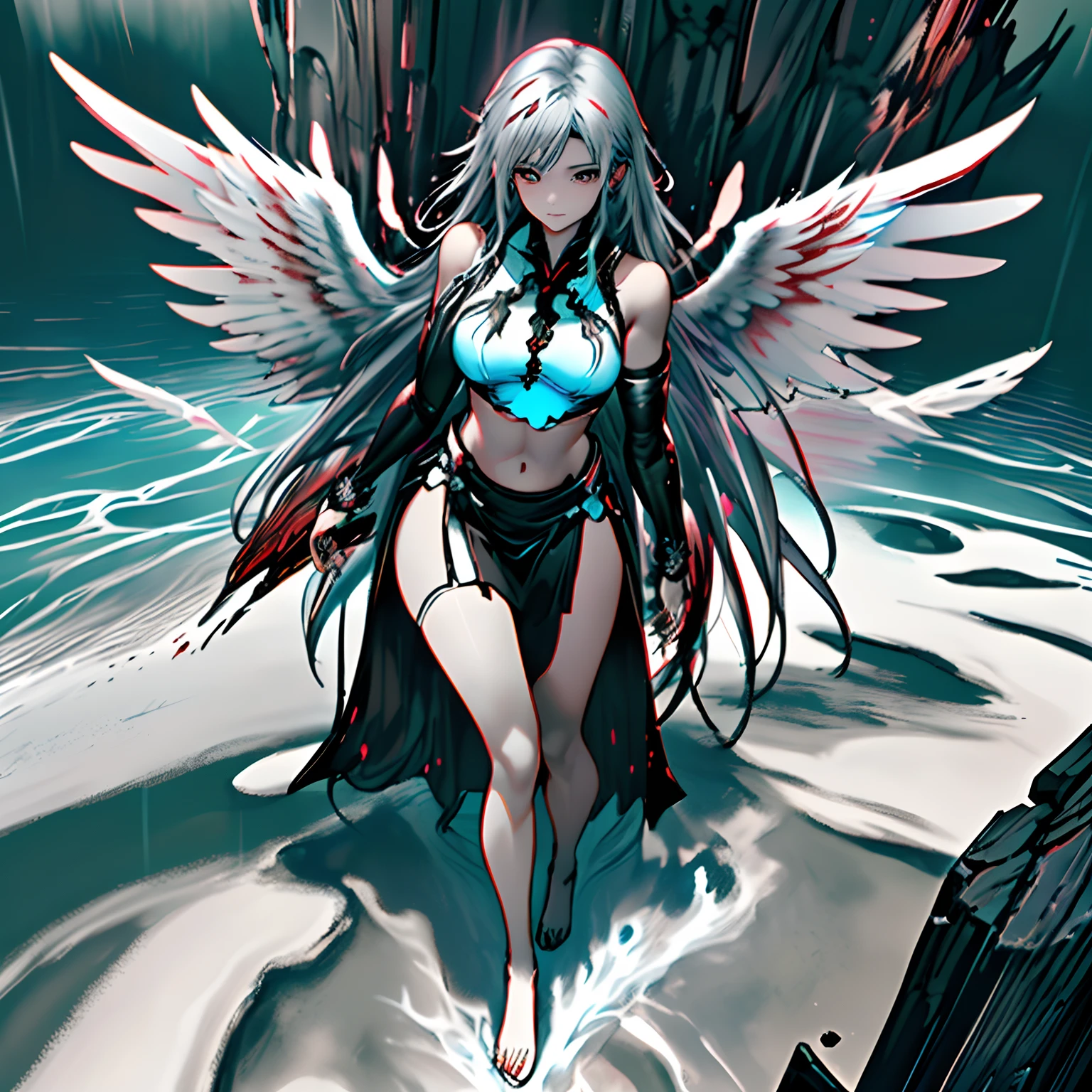 Black and white and red and blue,(Best Quality, Ultra-detailed, High resolution, extremely details CG),Wide Shot,Fallen angel standing on the edge of a cliff,She is so beautiful,very beautiful gray hair、the angel's wings、up looking_Terrible、I like the sea,Bloody Rain, Mystical,cultist, Convoluted, Surreal,Delicate