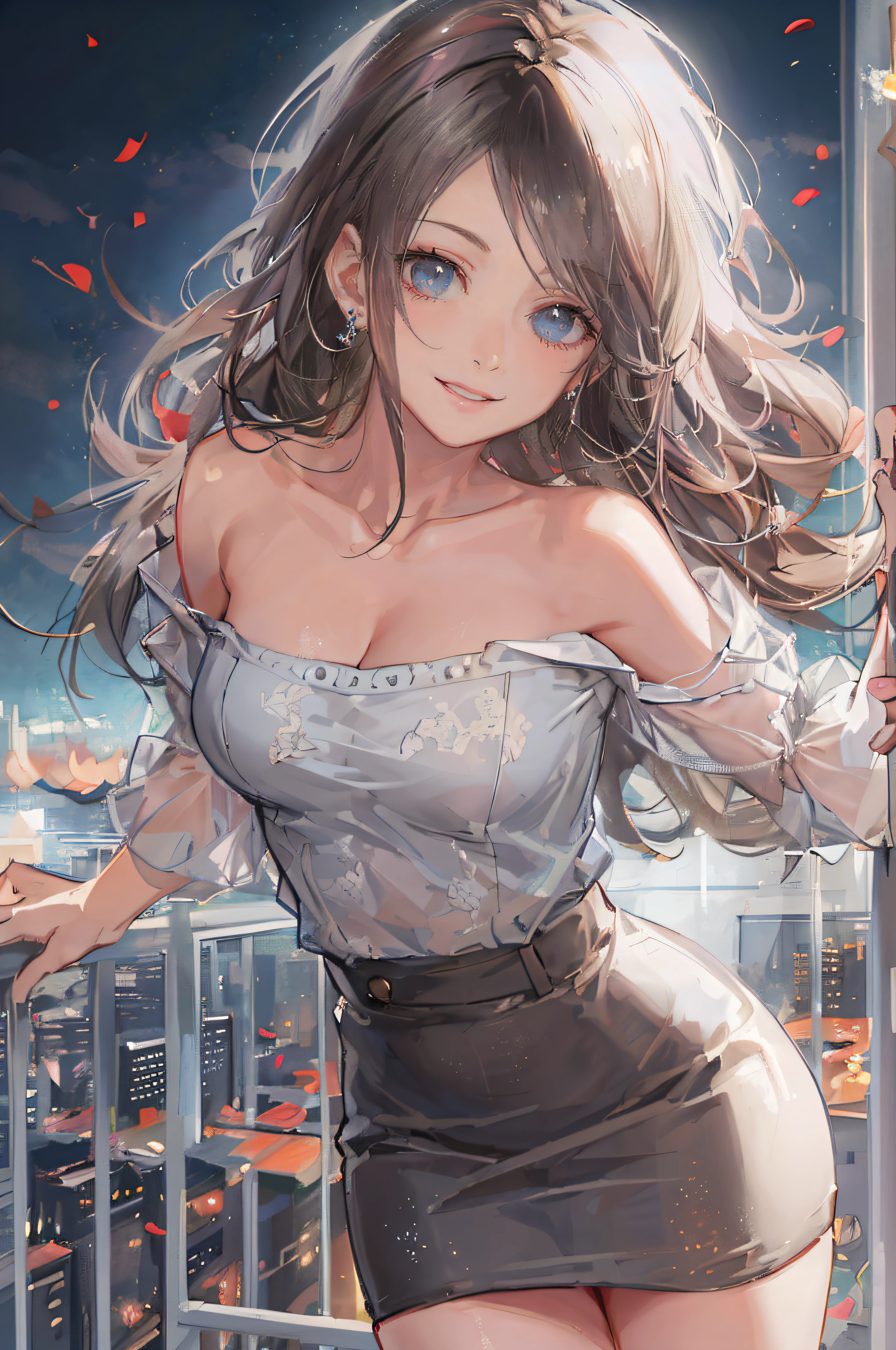 ((A beautiful and cute woman is standing on the terrace)), ((22-year-old beauty)), ((charming smile)), ((her long hair is blowing in the wind)), ((her miniskirt is It's waving in the wind)), (( You can see the cleavage of her plump bust from the blouse)), ((Gradient eyes)), ((The background is a night view of the city)), Attractive makeup, Single view, NFFSW , UHD, Retina, Masterpiece, Accurate, Anatomical, Scientifically Correct, Textured Skin, Super Detail, High Detail, High Quality, Award Winning, Top Quality, High Resolution, 1080P, HD, 4K, 8k, 16k