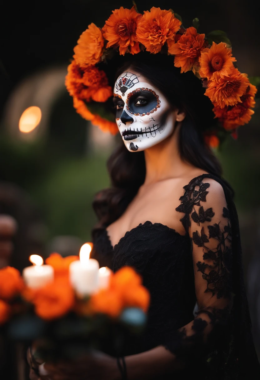 Artistic close-up photography of a beautiful woman characterized as a catrina, skeleton makeup for a Day of the Dead parade, incorporating elements of traditional Mexican art and modern design, elegant black catrina dress with orange floral elements, in the background you can see a night cemetery full of lit candles and orange flowers, candlelight is reflected on the model, The photograph was taken with a Nikon D850 SLR camera