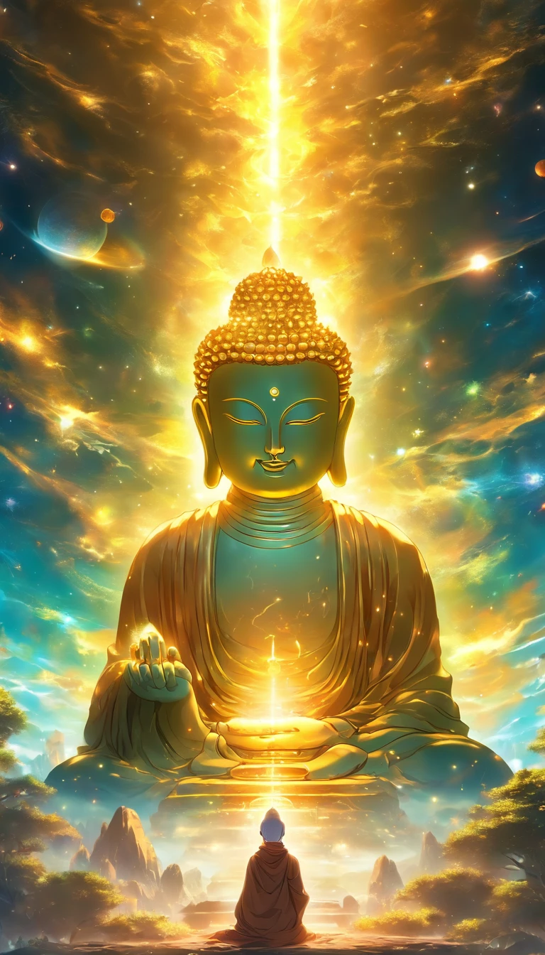 The huge transparent Buddha head is、Looking at the yellow planet in the soil of space,glow effect,OC rendering