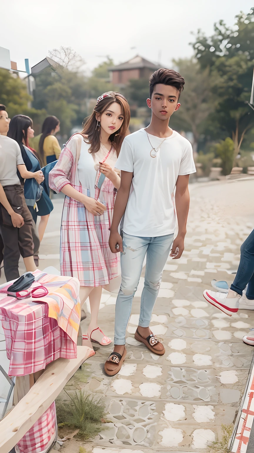 Handsome boy beutiful girl remove background 8k realistic image teen ager change clothes change hairstyle from boy  sexi girl wearing check shirt and jeans for boy and wearing beutiful dress for girl change background realistic  face of model remove background people
