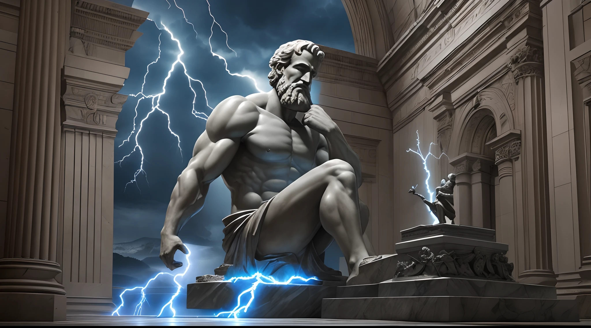 a statue of Aristotle, dinamic pose, sentado sobre uma rocha (with lightning in the background:1.4), Clint Cearley, Arnold render, a marble sculpture, (cinematografic:1.4), slate grey atmosphere, hiperdetalhada, tons suaves, detalhes insanos, alto contraste, books on the floor