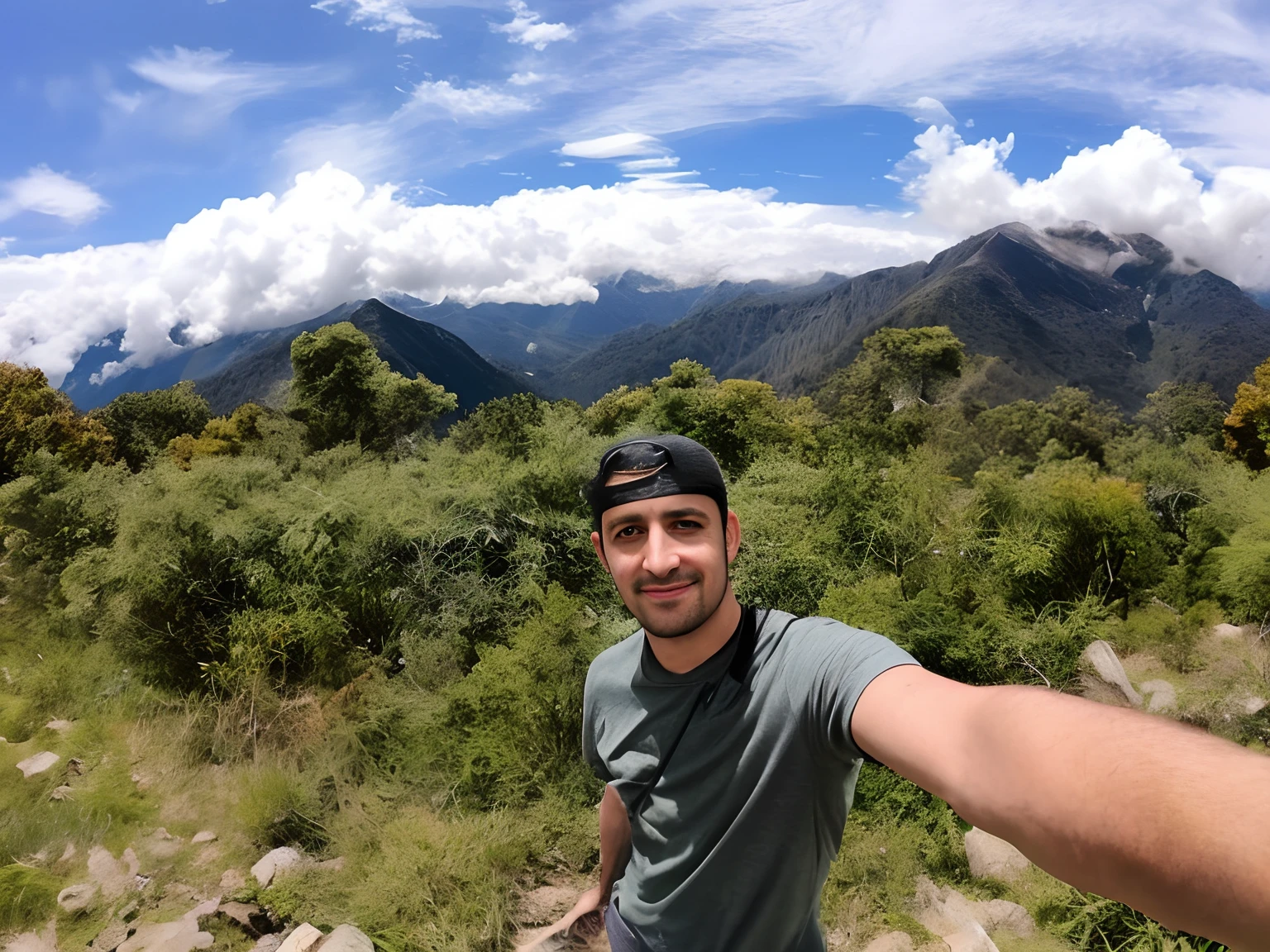 arafed man taking a selfie in the mountains with a camera, he is in dream world, keep his face, he is more buffed, bugs everywhere