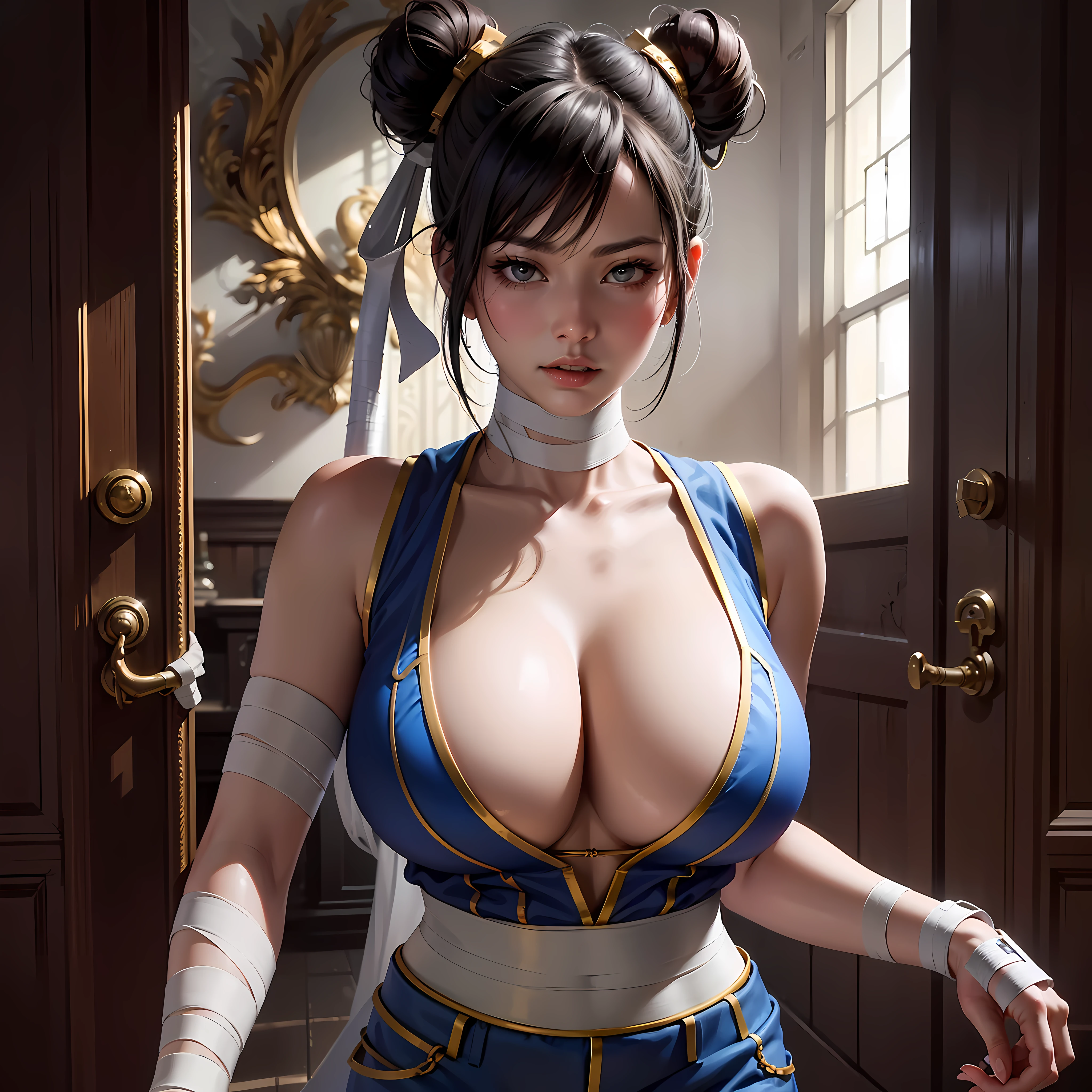 Chun li, (bandage:1.3), gorgeous body, huge breasts, shorts, shot in dslr, detailed face, cinematography, maximum detail, neutral colors, hdr, soft colors, soft cinematic light, insane details, intricate details, masterpiece, wallpaper, (detailed), high quality, ((highly detailed skin, skin details)), sharp focus, 8k uhd. --auto