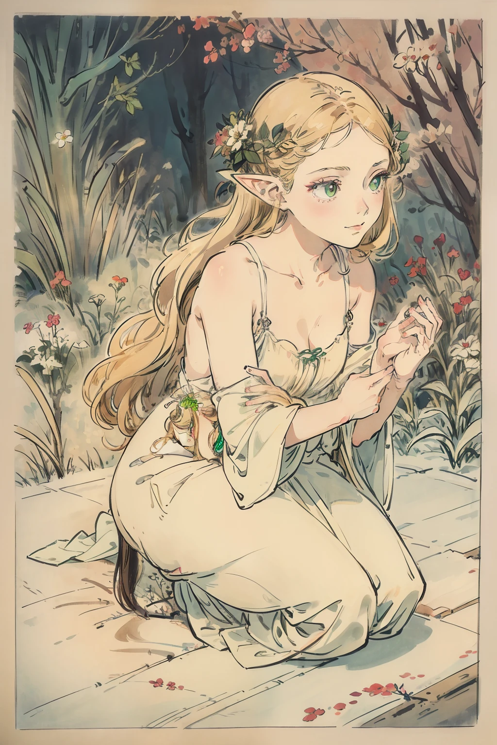 SFW,masutepiece, Best Quality, High resolution, 1girl in, Full body, Details Girl, detail hands, Detail fingers, Detail Face, detail legs, 1girl in, elf, Looking down, Flower Garden, Black sky, smog, watercolor paiting, pale skin, Petite, Blonde hair, Long hair, Wavy Hair, saddened, mournful smile, Green eyes, tareme, medium breasts, white sundress, Bare back, Kneeling, Planting trees
