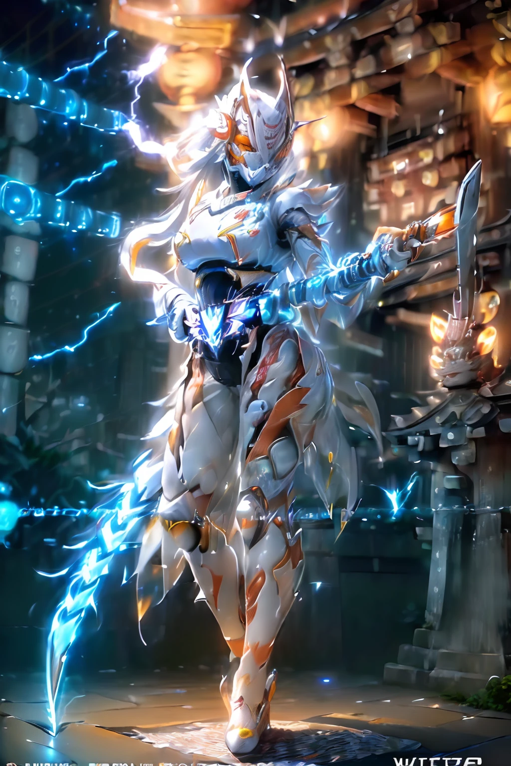(White Mask Suit、Full body、the eyes are orange:1.7)1girl in(slenderbody、Colossal tits、Long silver hair:1.5)Hair that flutters in the wind、(1 Pose with Magnum gun in one hand:1.4)Cyberpunk 2085 Background, Raw photo, Highest Quality, masutepiece, high-definition RAW color photography, professional photograpy, the Extremely Detailed CG Unity 8K Wallpapers, Photorealism, hight resolution, hyperdetails, Photorealistic, Best Quality, extremely delicate and beautiful illustration, Perfect Anatomy, Detailed eyes, (Eyes half closed), beautiful detailed background,neon trim、(dynamic ungle:1.2)(BREAK)(Cyber Zipangu,Kyoto image、Old temple、Sateen:1.2)Cinematic Light,