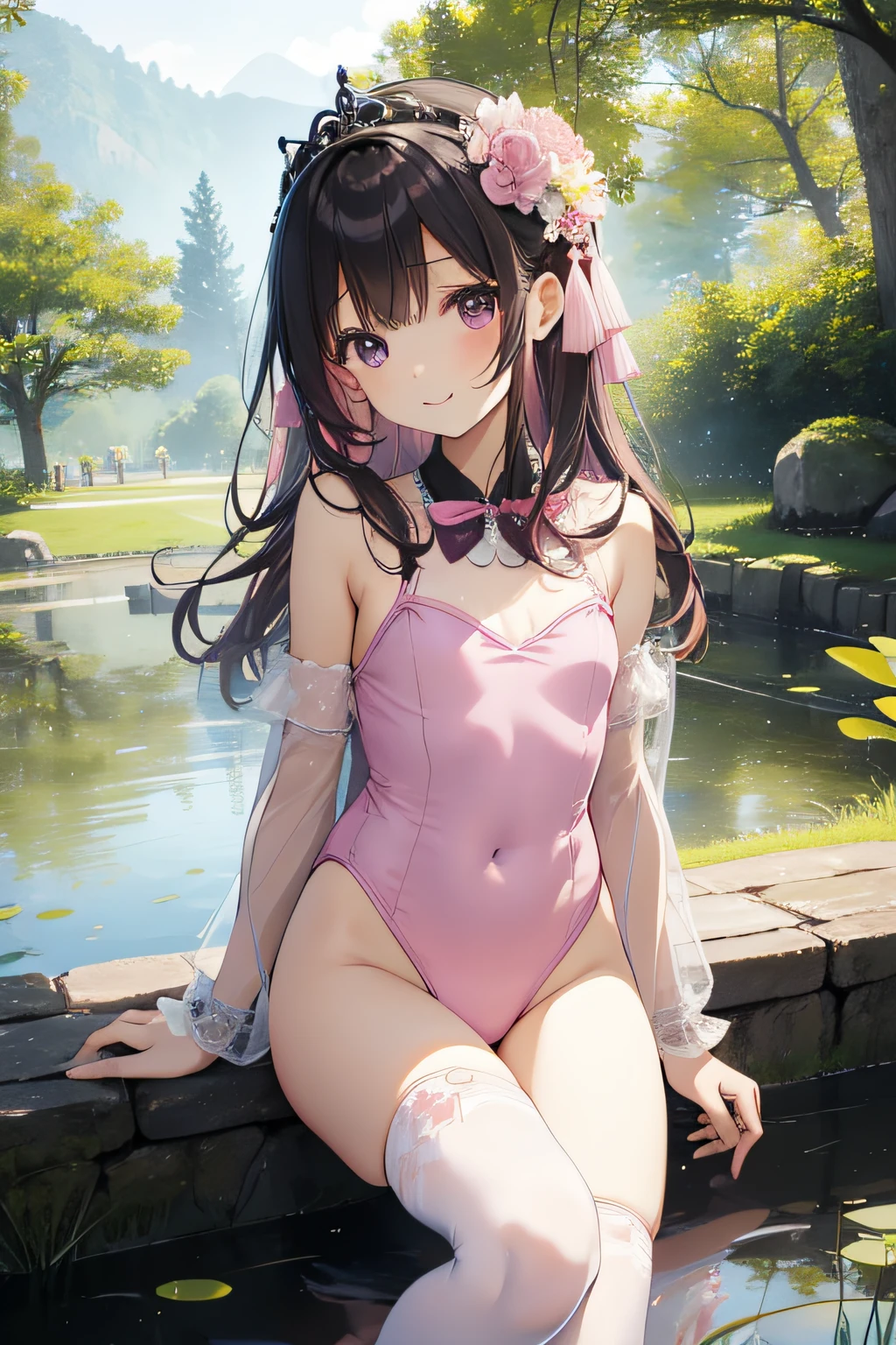 top-quality、extremely delicate and beautiful、Soio、Soio、8-year-old 、japanes、Lori、Chiquita、elementary student、A dark-haired、((Pink leotard))、(highleg)、Tiara on the head、A smile、is standing、Facing the front、Pond in the background、the woods