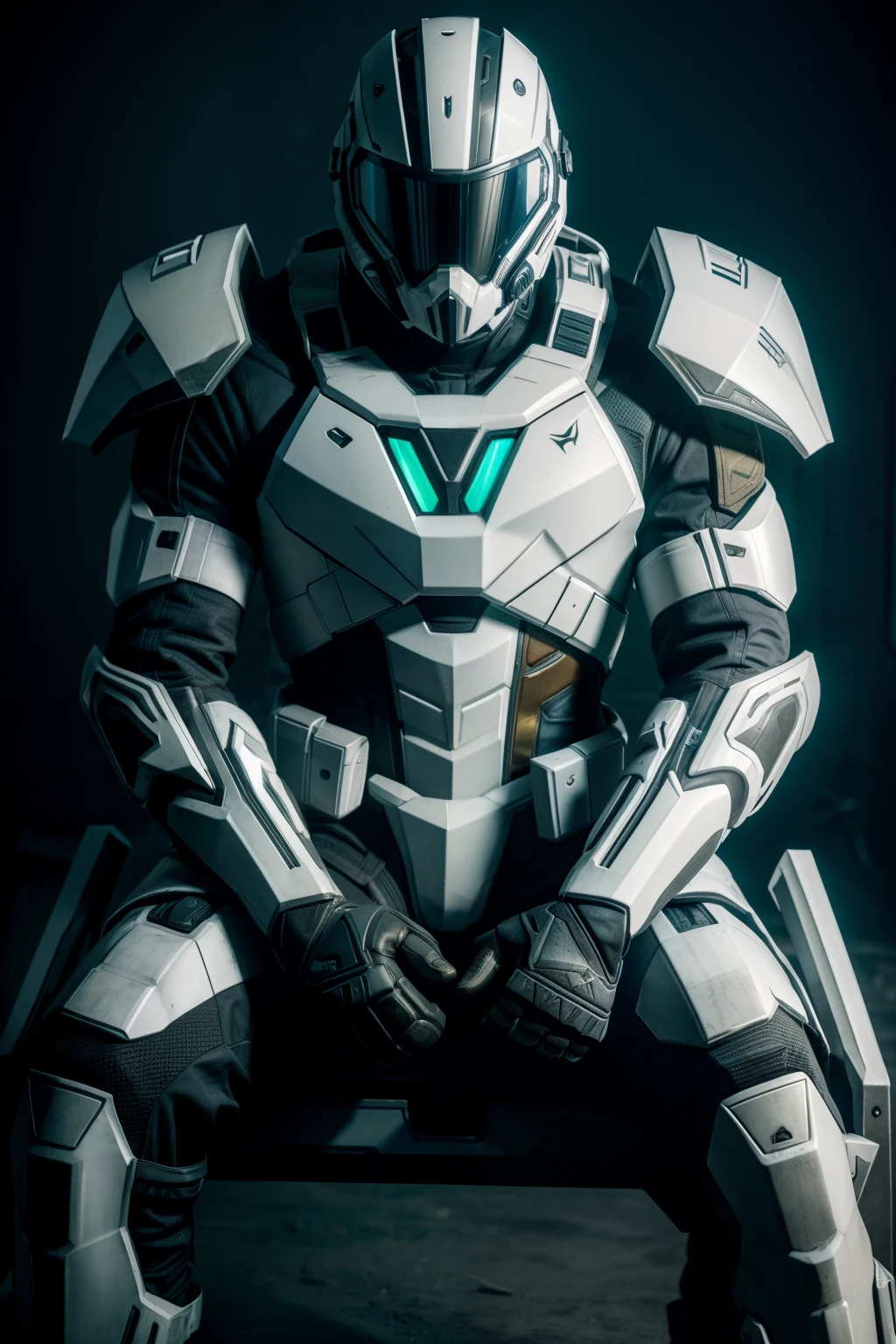 male posing, white crysis 3 armour, atmospheric, sitting, S.T.A.L.K.E.R style, golden inserts