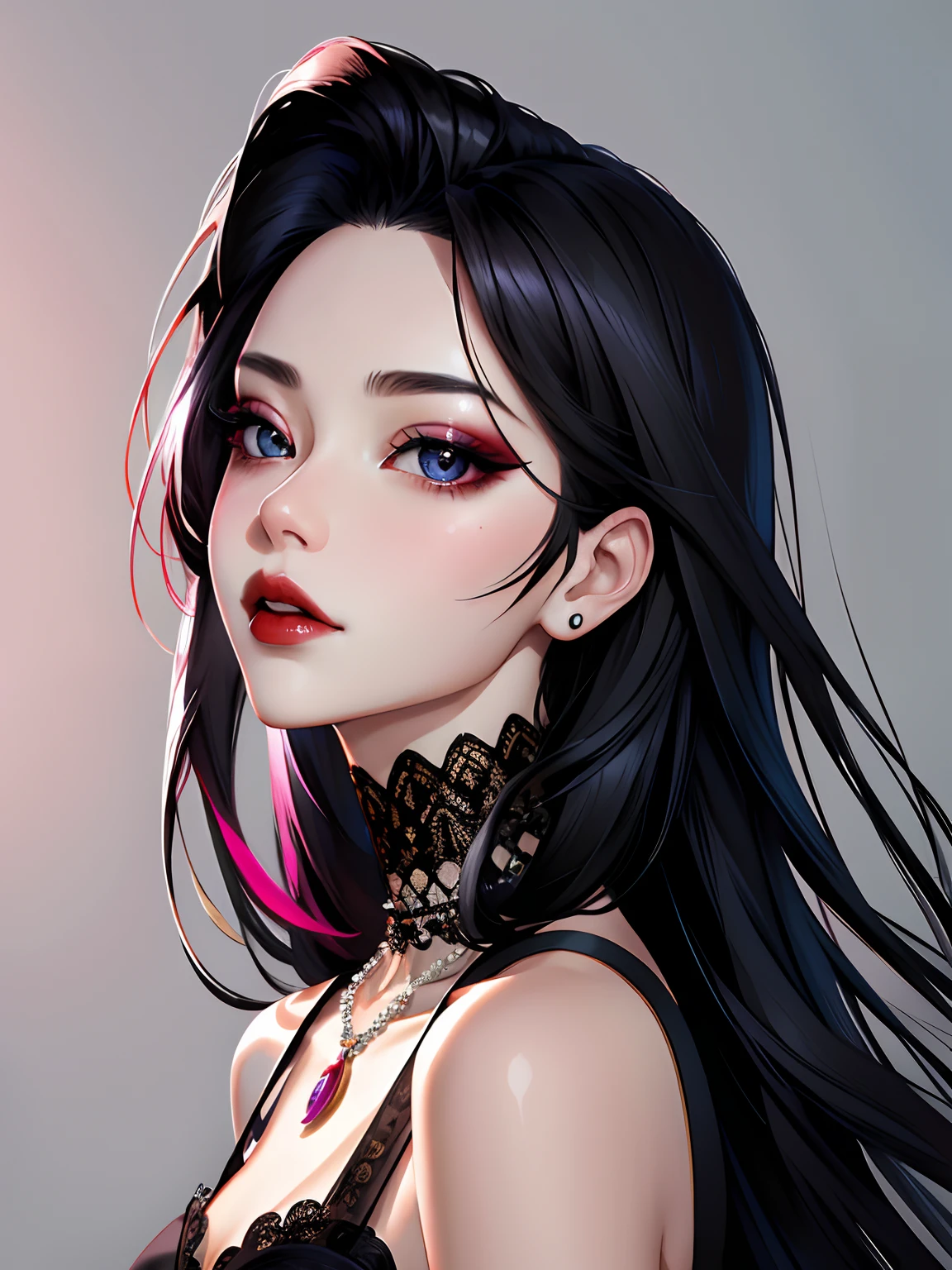 1girl in, 独奏, Jewelry, pink black hair, necklace, red-lips, Long hair, covered eyes, lipstick, makeup, upper-body, closed mouth, Black Dress, hair above one eye, 鎖骨, Dress,black theme,bad-girl, large breasts,sparkly skin,(mature female),Chic, Snthwve style, nvinkpunk Close-up portrait of a face (((sks person))), Smooth soft skin, big dreamy eyes, Beautiful intricate dyed hair, Symmetrical, anime wide eyes, soft-lighting, Detailed Face, makoto sinkai, by stanley artgerm lau, WLOP, rossdraws, Concept art, Digital Painting, looking up at the camera