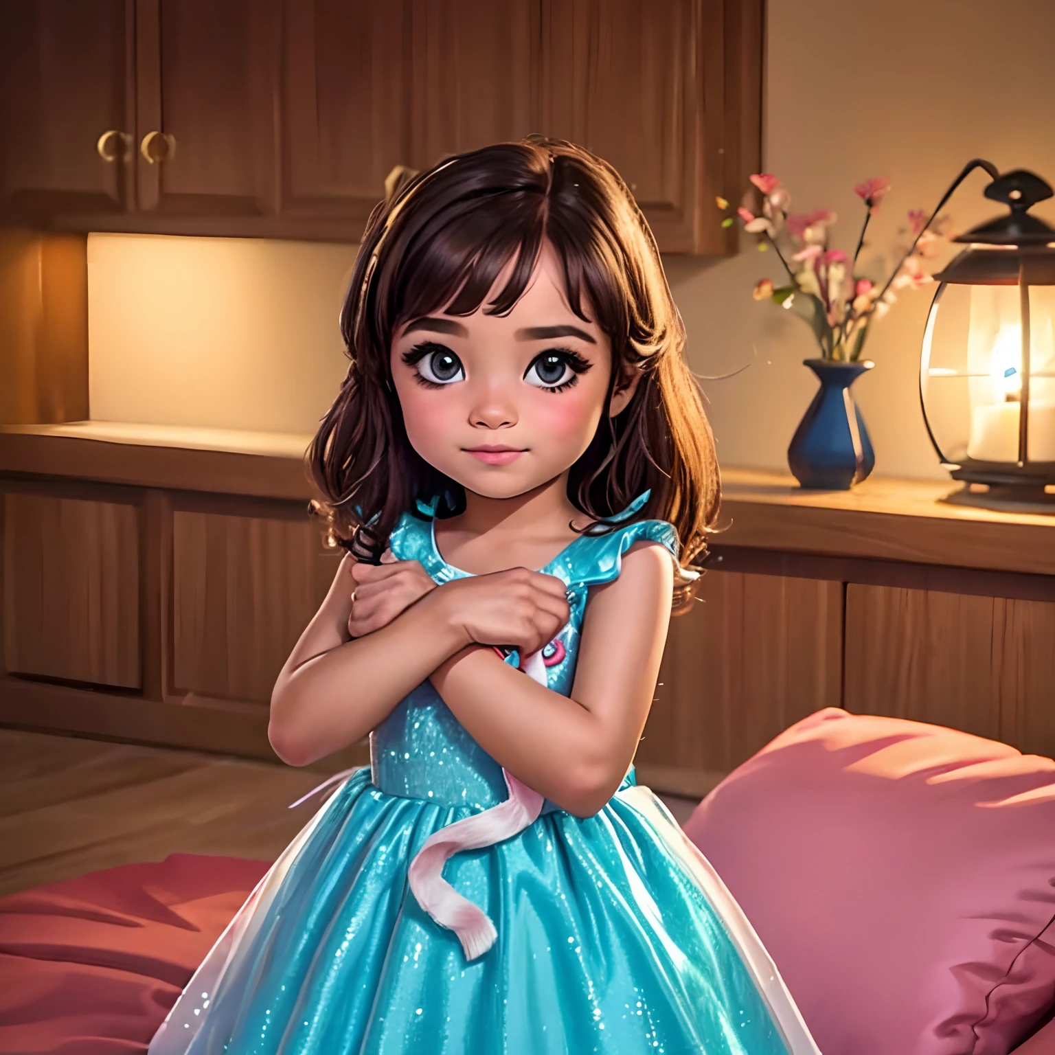 A six year old girl wearing a sparkly kitten dress