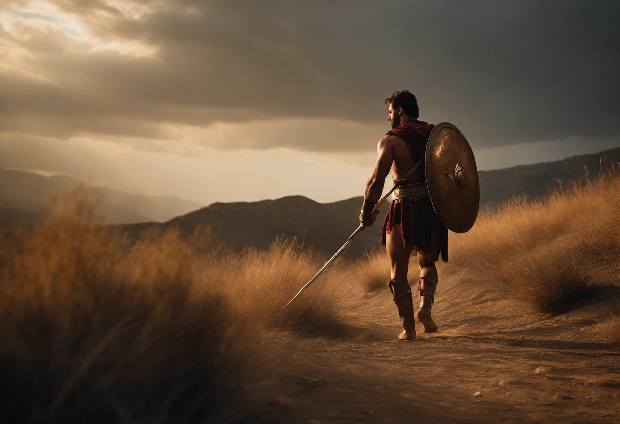 a scene of a young Spartan reaching and being left in the wild with only a spear, capturing the essence of their survival and warrior training, award winning studio photography, professional color grading, soft shadows, no contrast, clean sharp focus, film photography, 35mm lens, Carl Zeiss, f/0.7, highly detailed, hyperdetailed