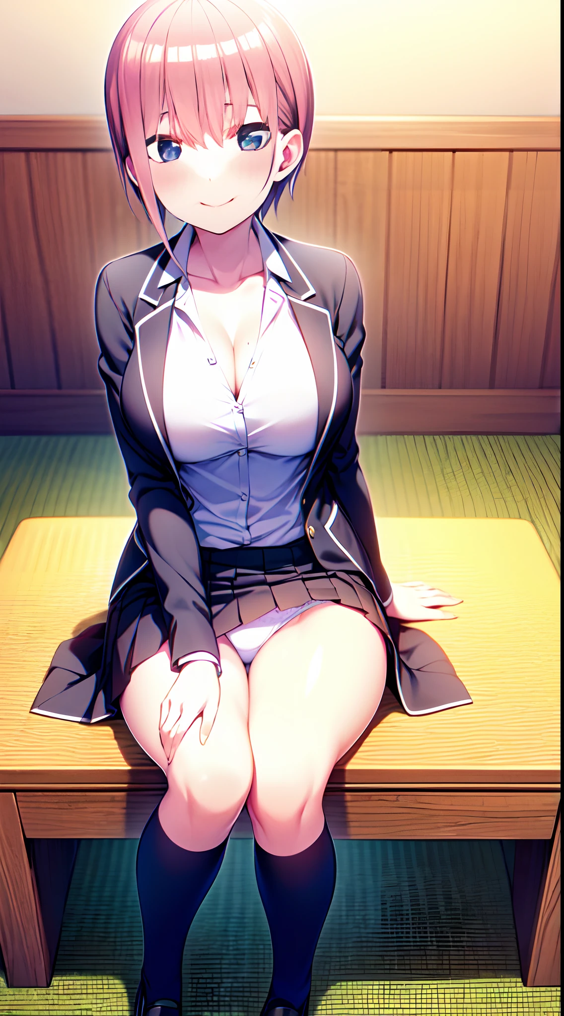 (Sitting on a chair with legs spread)、directly in front、Japan girl uniform、a miniskirt、(Pubic streak enhancement)、(White panties in full view)、Unbutton white shirt to emphasize cleavage、short-haired、a smile、red blush、‎Classroom、8k、ighly detailed、Top image quality、top-quality、超A high resolution、​masterpiece、１a person、A detailed eye、beautidful eyes、Light in the eyes、animesque、２Ｄ、