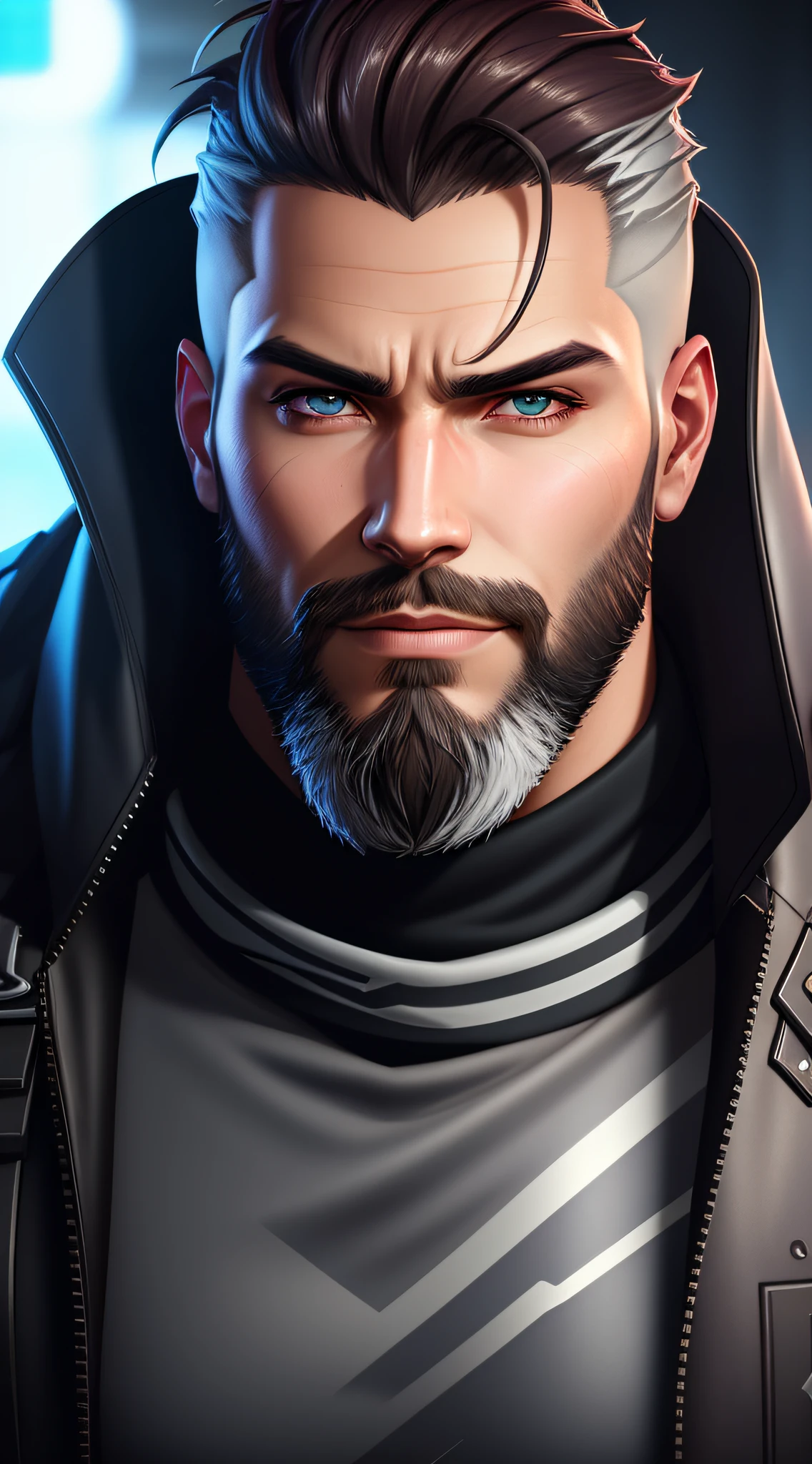 a close up of a man with a beard and a jacket, baptiste from overwatch, as overwatch character, sigma from overwatch, hanzo from overwatch, badass anime 4 k, as an overwatch character, cinematic full character, portrait of adam jensen, photorealistic artstyle, realistic artstyle, overwatch character, 4k portrait render, epic character portrait, epic portrait illustration, somber, Dark Fantasy, Geek, low angle, Rigging, Cinematic, badge, plum colors, Dreamlike, flood lighting, Ultra realistic