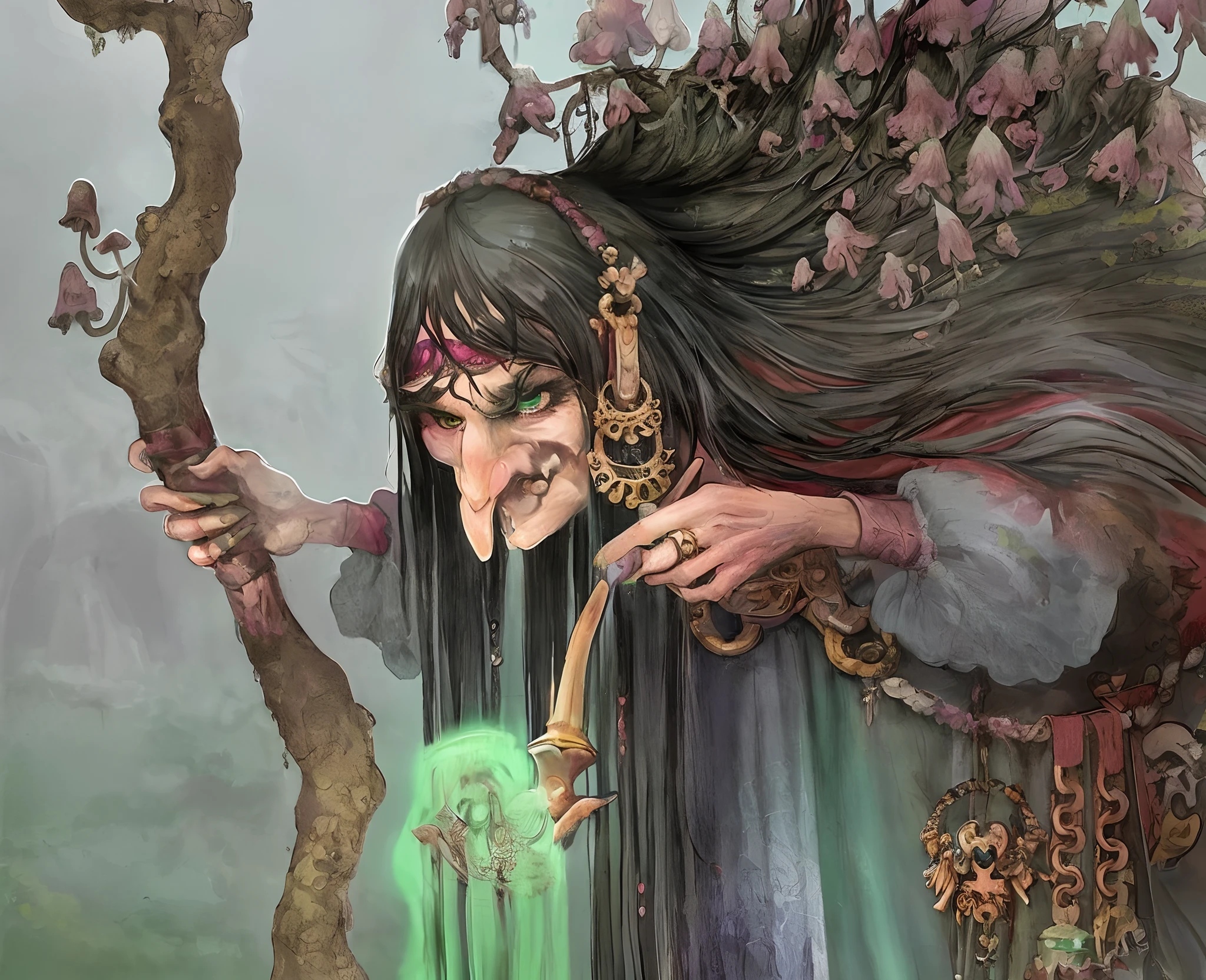 witch with 3 eyes, witch with 3rd eye on the forehead, old anime witch with 3 eyes, 3 eyed old lady with long hair and claws, old anime witch with long claws and 3 eyes, wearing a lot of jewerly, anime art, hayao miyadzaki inspired, ghibli studio, anime line art, detailed digital 2d fantasy art, sorcerer magic witch, an ominous fantasy illustration, highly detailed fantasy art, supervillain sorceress witch, sorceress woman