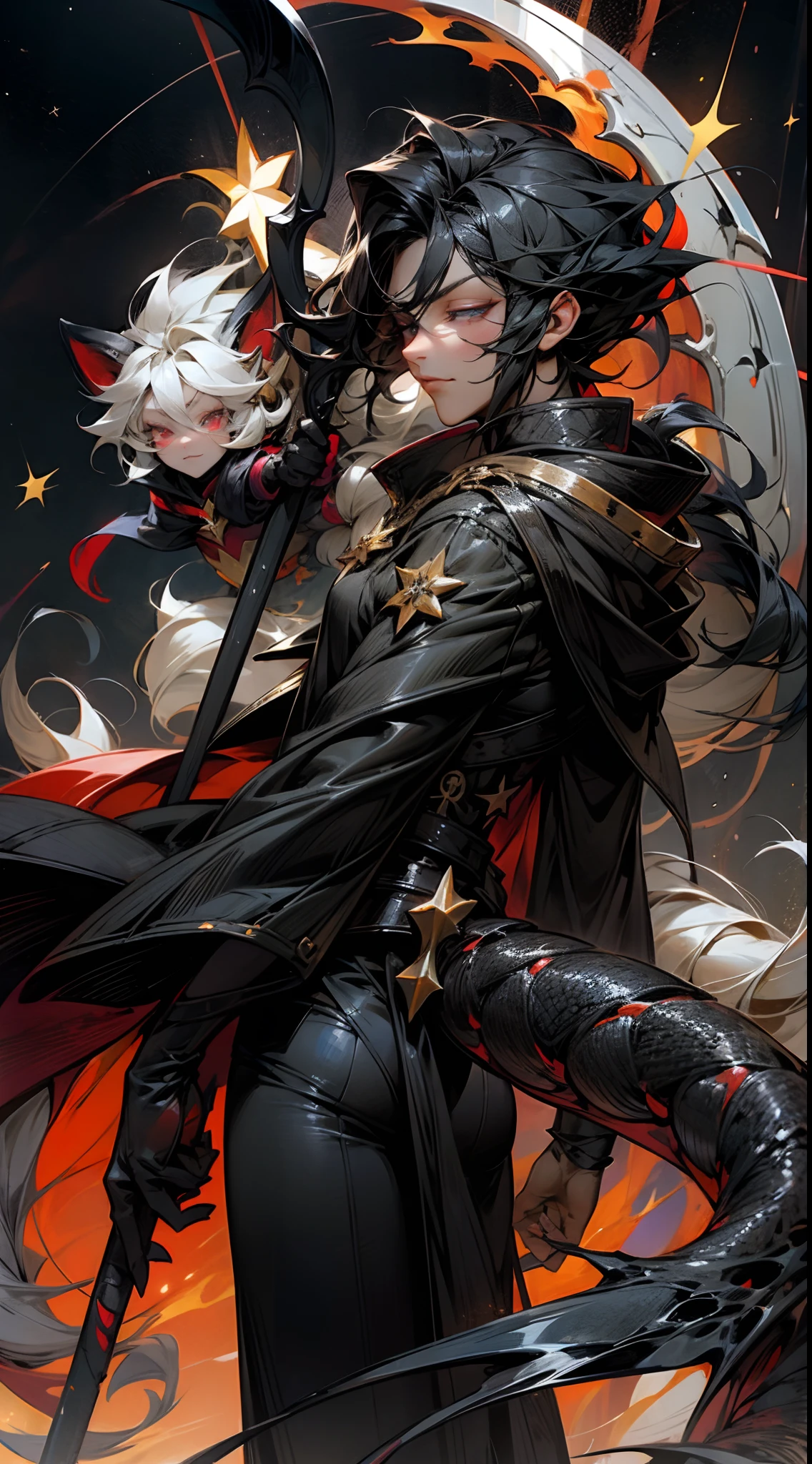 Starguardian, dragon tail, starry eyes, anime, human, male, black silky hair, scythe, star pendant, black attire, red starry eyes, character focus, fire aura, fluffy dragon tail, looking back