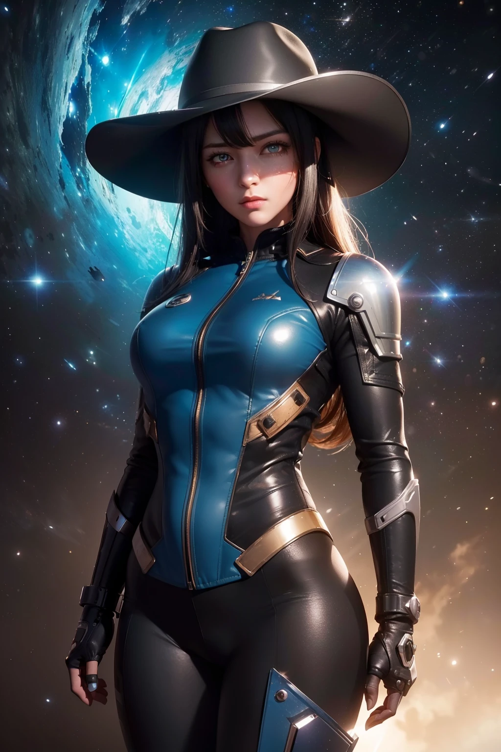 (Space Cowgirl:1. 4), (trenchcoat:1. 4), (cowboy hat:1. 4), Gundam armor and glowing accents. mecha, bodysuit, (beautiful detailed eyes, symmetrical eyes, (detailed face), dramatic lighting, (photorealism, photorealistic:1. 4), (8k, RAW photo, masterpiece), High detail RAW color photo, realistic, (highest quality), (best shadow), (best illustration), ultra high resolution, highly detailed CG unified 8K wallpapers, physics-based rendering, hyperrealism, rich colors, hyper-realistic lifelike texture, cinestill 800)