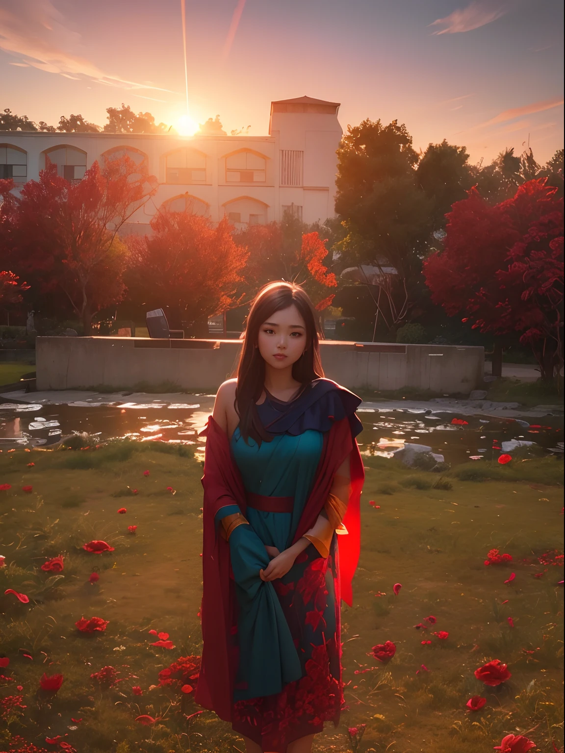 hot girl,  chamge background with waterfalse and sunset change grass with red flowers, change dress with blue color dress