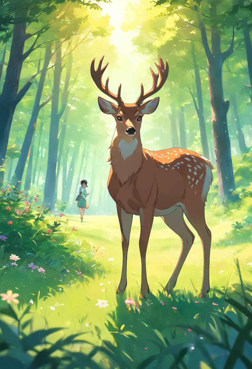 A detailed animated cartoon,A brown deer exudes an aura of elegance, Large antlers, Green eyes walk through the meadow alone