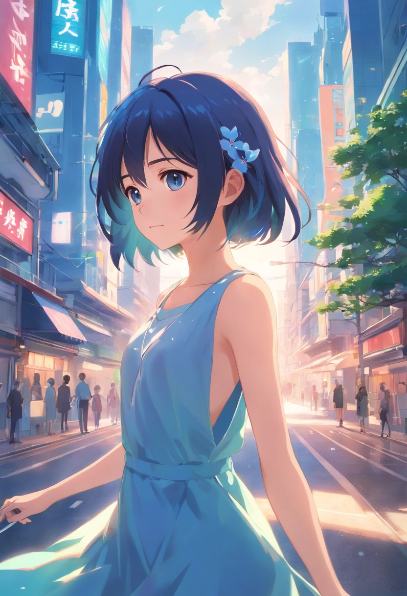best qualtiy, High resolution, Detailed 4K CG, masutepiece, Awesome art, Fine details, high details, intricate-detail, Blue Long Hair, Girly feel, Big eyes, pure lust, lovely, Young and Beautiful, immortal,Flying ,, Light and shadow, light,White long dress,kosmos