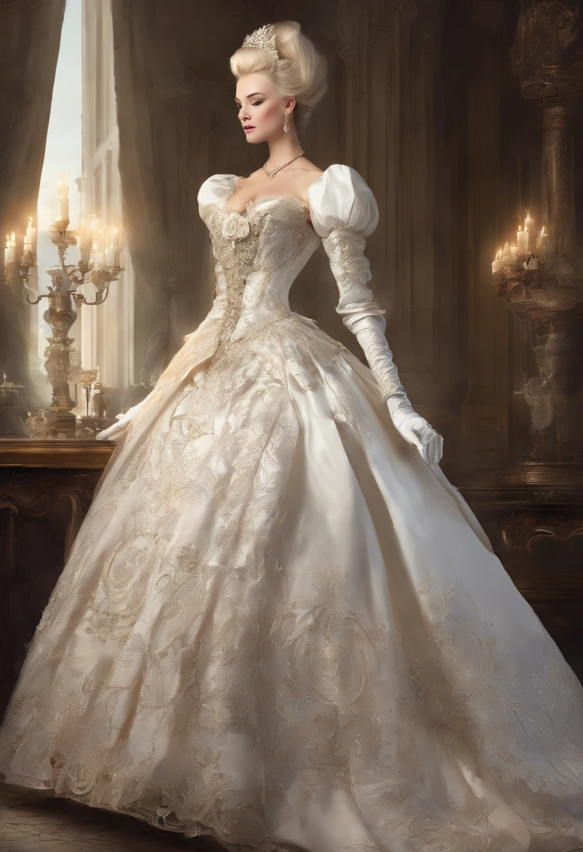 A stunningly beautiful blonde fairytale Princess shining with Royal Pomp and Regal Splendor, wearing a Stately and (((Elaborate))) Royal Cinderella Wedding Dress of Silver and White Brocade, with (((enormous puffed sleeves))) a stiffly boned, padded and corseted bodice, an hourglass waist, a (((huge crinoline hoopskirt))) and (((bustle))), adorned with ribbons, bows, roses, lace, ruffles, frills, embroidery, and jewels, elaborately curled and styled hair, long white gloves, pearl and diamond necklace and earrings