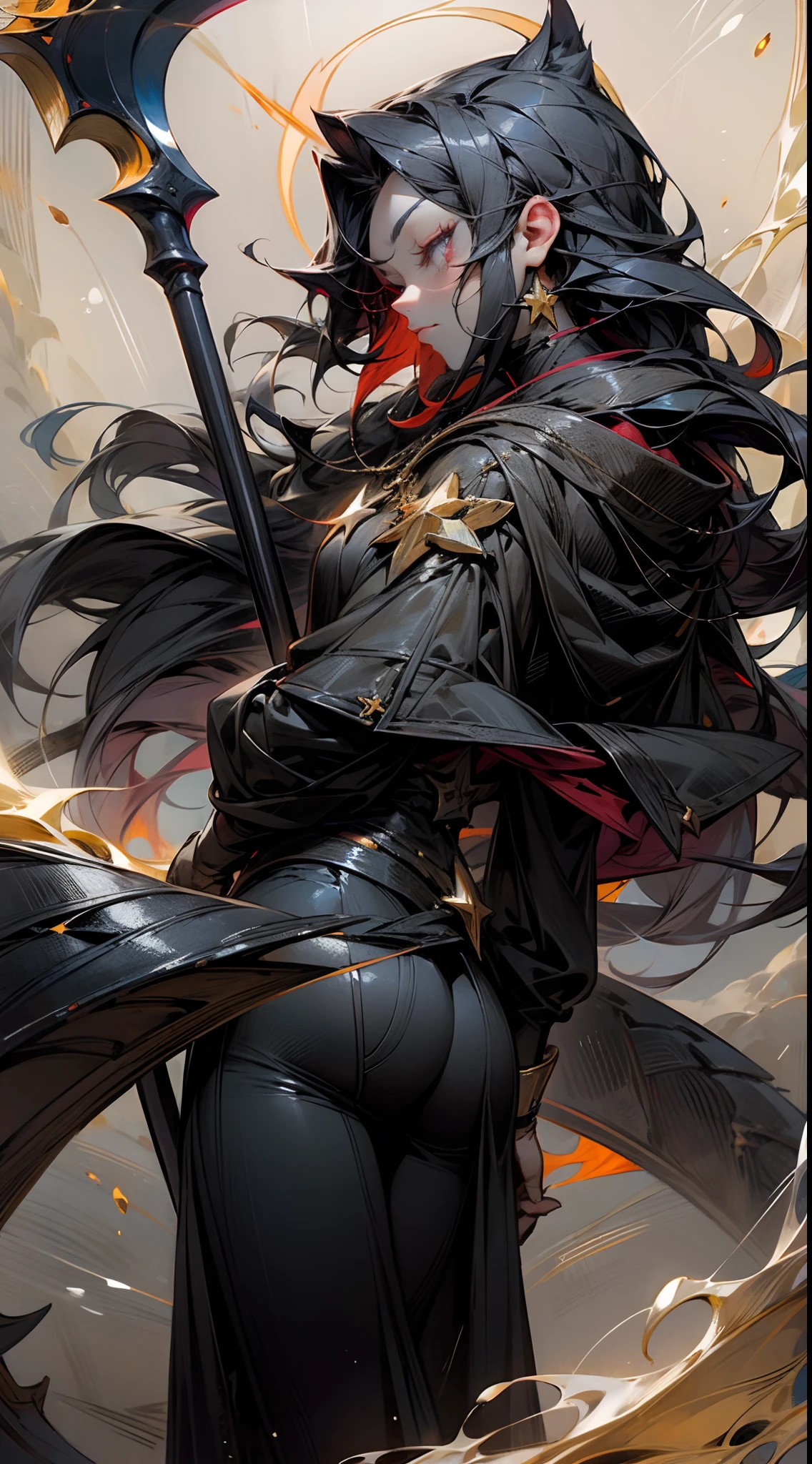 Starguardian, dragon tail, starry eyes, anime, human, male, black silky hair, scythe, star pendant, black attire, red starry eyes, character focus, fire aura, fluffy dragon tail, looking back