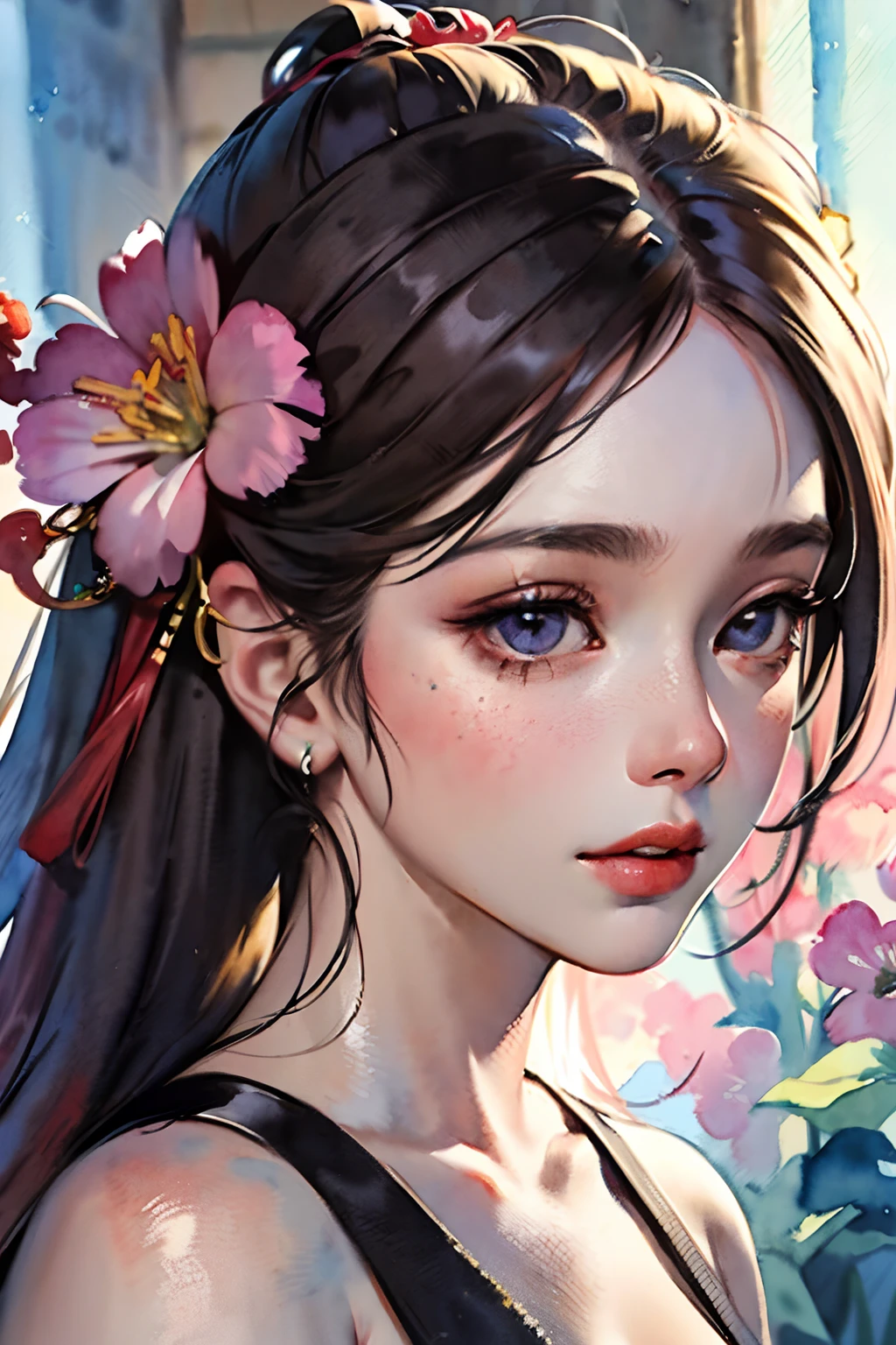 (masterpiece:1.2, best quality), (very detailed face, real picture, realistic skin, realistic body, intricate details), solo, 1milf, casual,ukiyo-e, (Watercolor:1.3), Oiran,