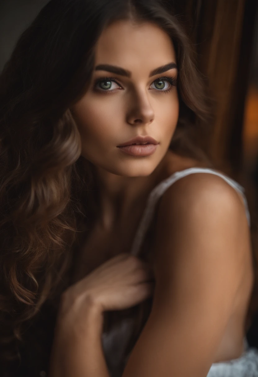 Arafed woman with a white tank top and necklace, dans un bar, fille sexy aux yeux bleu clair, Portrait Sophie Mudd, cheveux courts bruns et grands yeux, selfie of a young woman, Yeux de chambre, Violet Myers, sans maquillage, maquillage naturel, looking straight at camera, Visage avec Artgram, Maquillage subtil, Superbe photo du corps entier, piercing green eyes, Bel angle, pose attrayante, fille mignonne, sexy pose, Image du corps entier, corps entier, Prise de vue du corps entier, brunette goddess, High detail, pose satisfaite, Porter une jupe grise et des bottes, jupe, Bottes