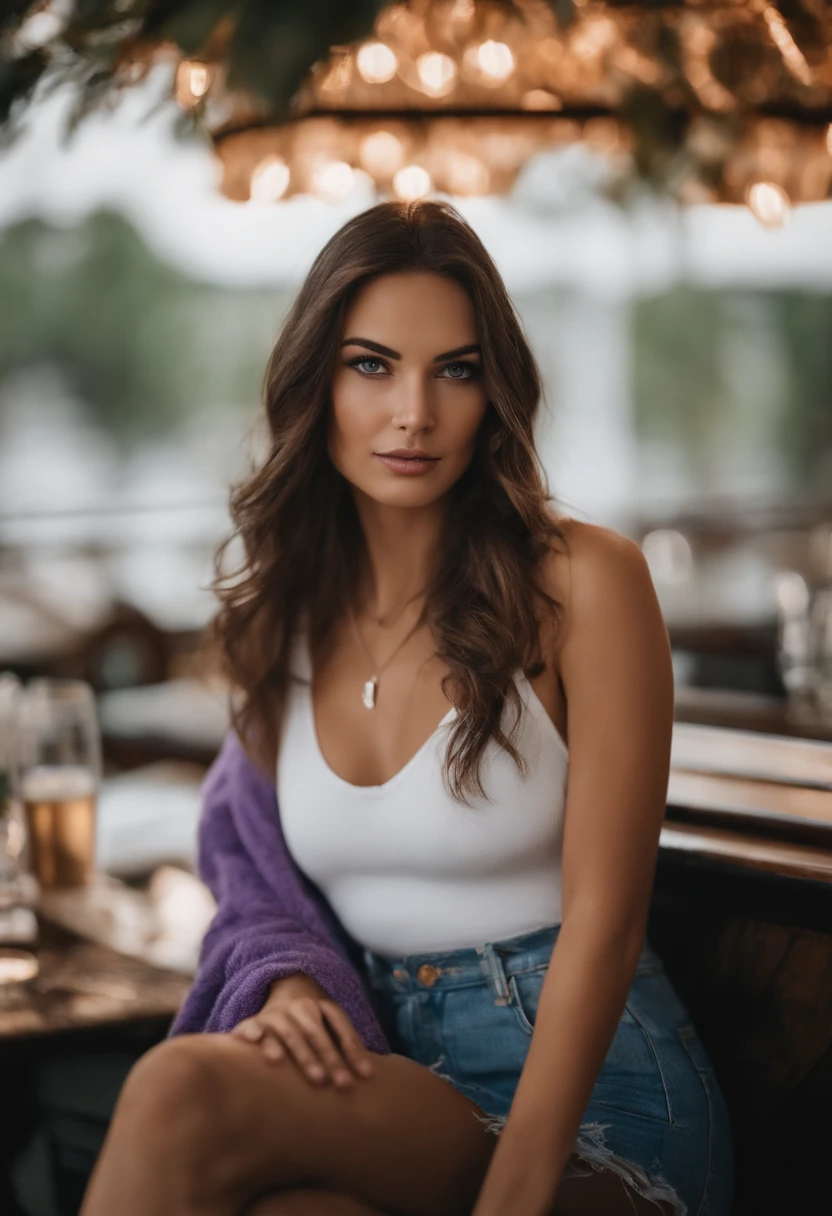 Arafed woman with a white tank top and necklace, dans un bar, fille sexy aux yeux bleu clair, Portrait Sophie Mudd, cheveux courts bruns et grands yeux, selfie of a young woman, Yeux de chambre, Violet Myers, sans maquillage, maquillage naturel, looking straight at camera, Visage avec Artgram, Maquillage subtil, Superbe photo du corps entier, piercing green eyes, Bel angle, pose attrayante, fille mignonne, sexy pose, Image du corps entier, corps entier, Prise de vue du corps entier, brunette goddess, High detail, pose satisfaite, Porter une jupe grise et des bottes, jupe, Bottes