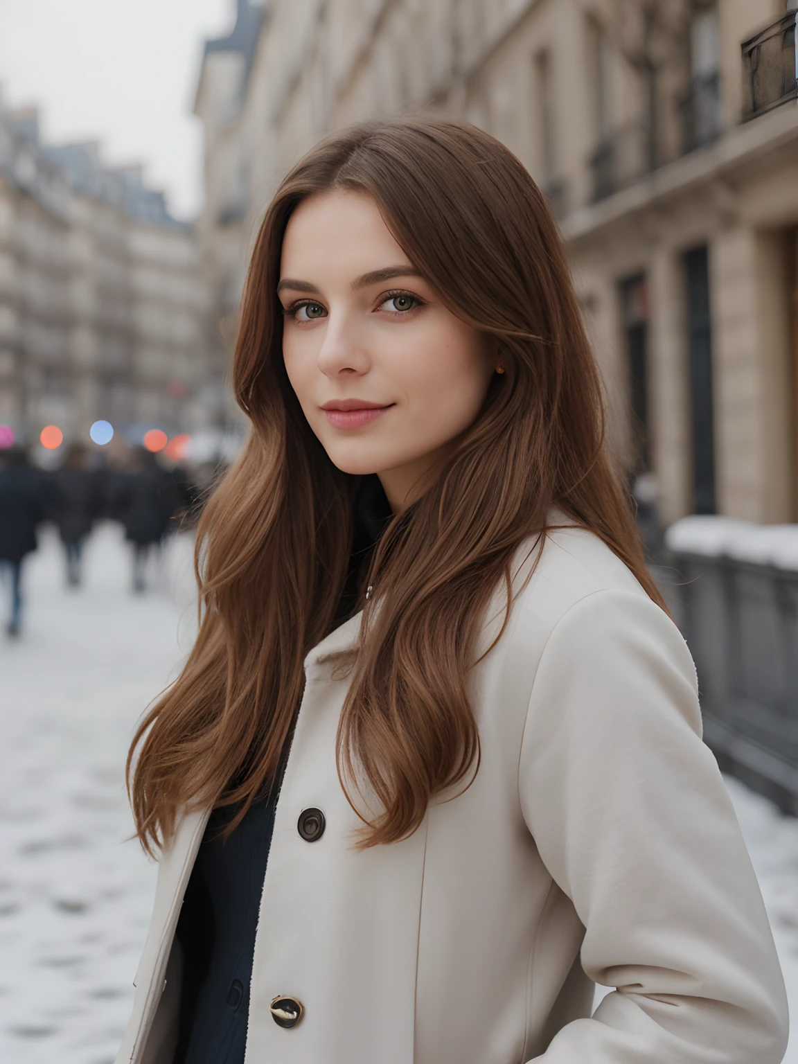 __hair color__, european woman, hairlong, Background of the city of Paris, winter, professional, 4k, HD, UHD, 8K, higly detailed, ultra resolution