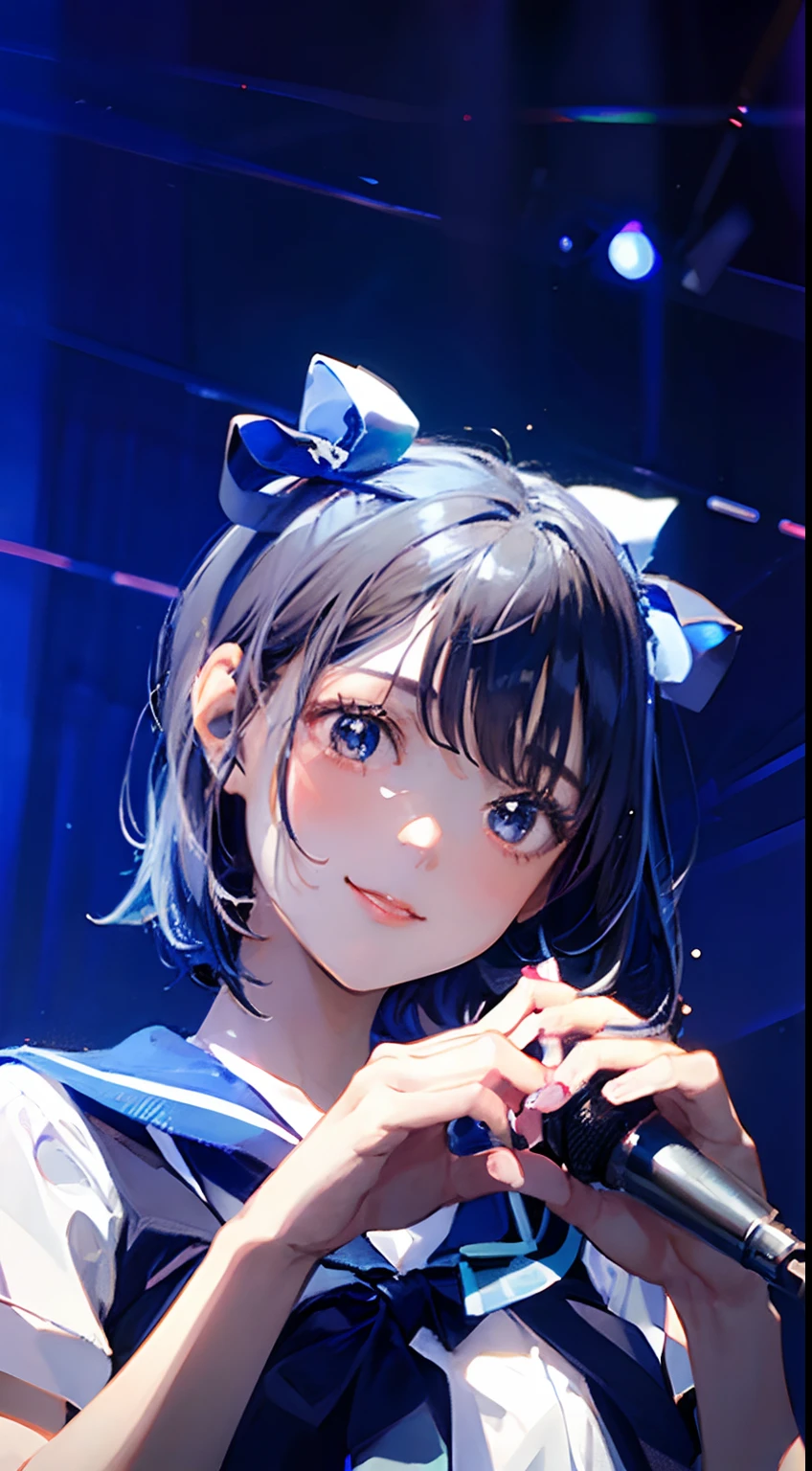 1girl with a smile and holding a mic, wearing a blue school uniform, wearing 2 ribbons on the head, short hair, black hair, anime, 2d, highly detailed, hd