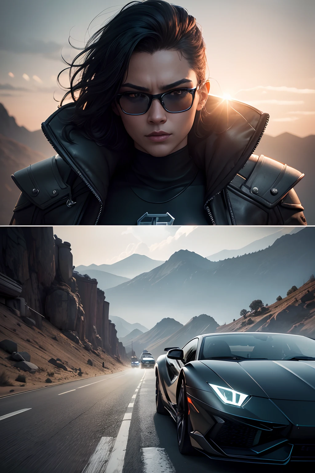 President Dudancer, a Lamborghini drives down a winding road suspended between giant ships, the drivers carrying advanced technological armor and futuristic glasses. Brilliant bikers don't have a car and move on the scene, Nuit, cyberpunk aesthetics, Action movie produced by Kon Satoshi, Very detailed lighting, Digital dramatic art touch in Artstation 8k HD with high resolution and realistic detail, Detailed, Skin texture, Ultra detail, Texture Real Leather Armor, Best Quality, Ultra HD (Image Resolution: 1.4), High Resolution, Detail, Brutal Image, Sharp Reconstruction, by Lee Jeffries Nikon D850 Film Stock Photography. 4 Kodak Portra 400 F1.6 lens Rich in color and ultra-realistic texture, ArtStation Cinestill 800 is bright and dramatic non-reflective