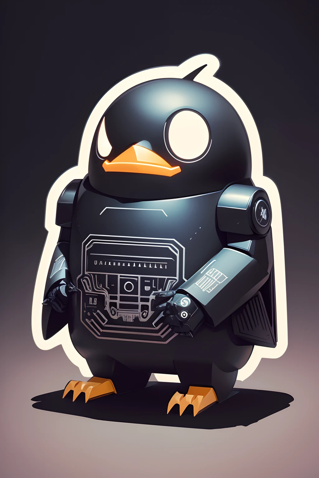 Penguin illustration for sticker on black background、Bold outline style、jagged、Trashcore、Light Shading、Shaped like a robot