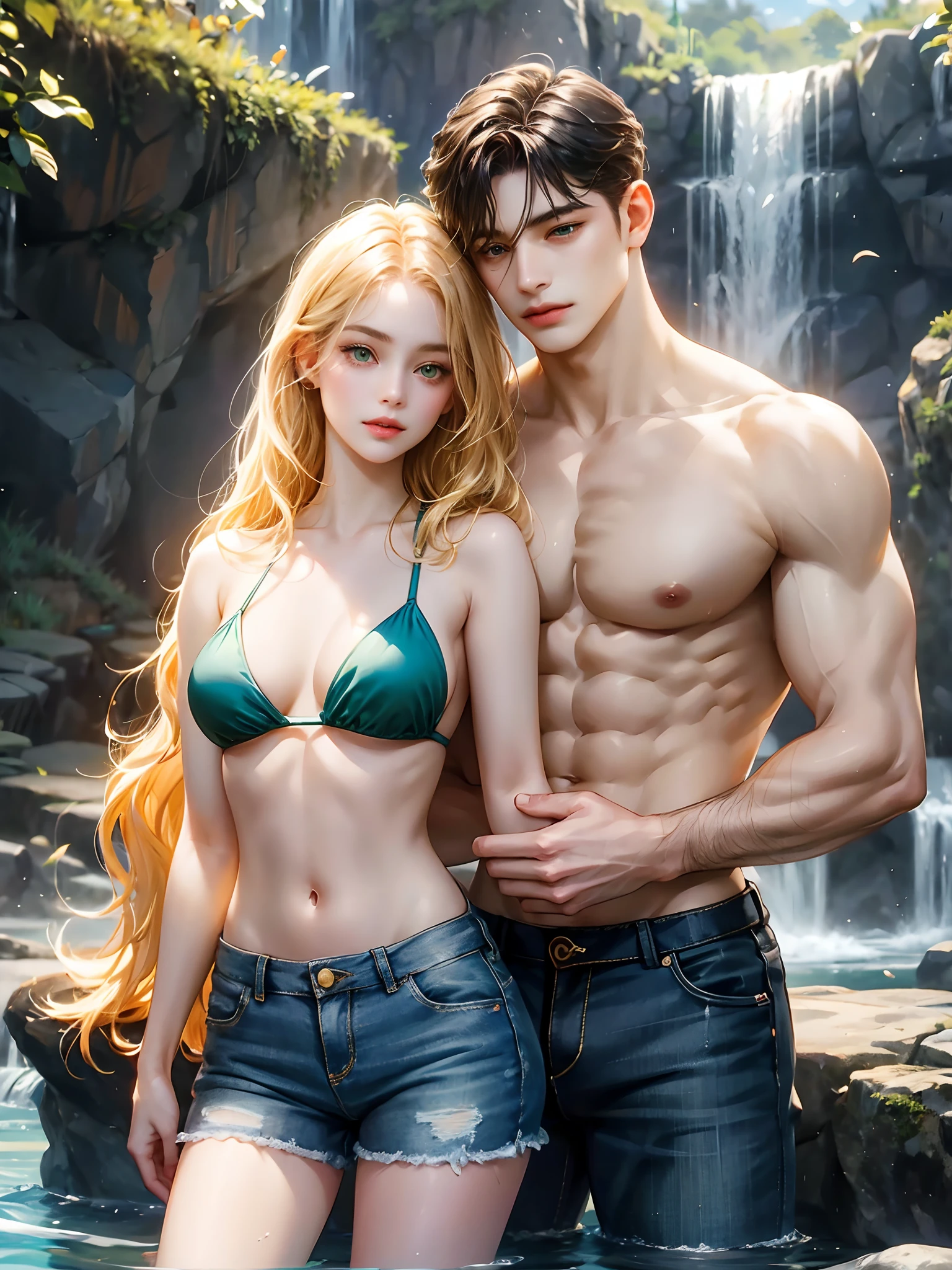 The couple is inside the water. The girl has shorts. The boy has jeans.