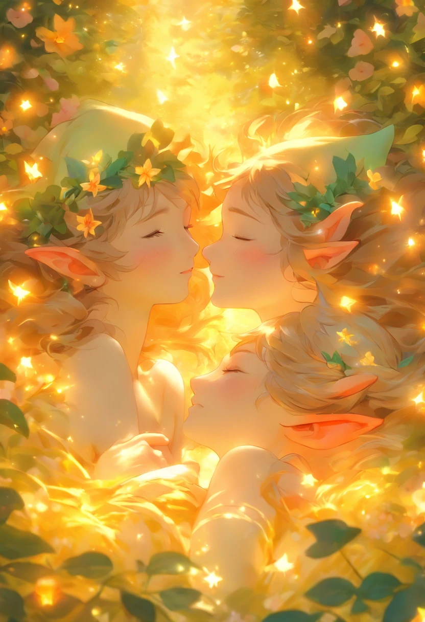 Anime Art Realistic Impressionist Classical Renaissance Tempera Two long-haired elf maidens lying naked and staring at each other and talking With magic star dust around、Petals fluttering Ultra high resolution Not contradictory Spotlight Prism light In the flower garden Bright morning forest