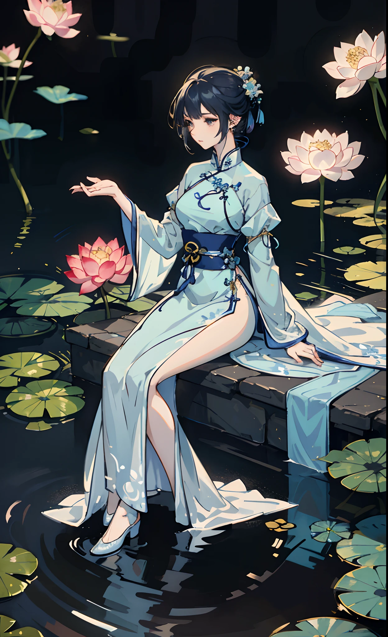 There are blue dresses, 16 long legs, A woman sits on a rock in the water, standing gracefully upon a lotus, Ethereal beauty, Wearing a blue cheongsam, Court, A girl in Hanfu, Wearing a blue cheongsam, Full of fairy tales, In the pond, White Hanfu, a stunning young ethereal figure, floating dress, Light blue, hair behind ear