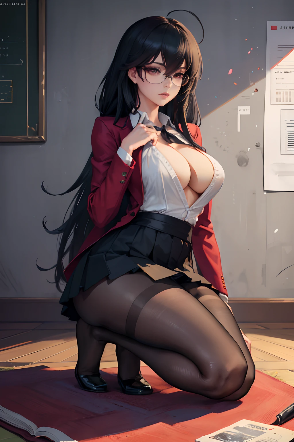 taihousweet, anime - style image of a woman in a skirt and stockings sitting in a chair, seductive anime girl, smooth anime cg art, a hyperrealistic school teacher, hyperrealistic office lady, fine details. azur lane, realistic school teacher, (nsfw) not safe for work, on a chair, from azur lane, beautiful anime girl squatting, black hair, long hair, large breasts, cleavage, white shirt, open shirt, black skirt, short skirt, black stockings, pantyhose, red jacket, open jacket, blazer, feet, soles, barefoot, glasses, wireframe glasses, white panties, seductive anime girl, beautiful detailed eyes, beautiful detailed girl, curvy:1.1, dynamic pose, fashion clothing with diverse colors, full body, (full body shot:1.1), looking at viewer, perfect eyes, perfect face, perfect retina, seductive look, sexy pose, ultra detail face, ultra detail hair, very detailed eyes and face, 8k wallpaper, amazing, ambient occlusion, best quality, CG, cinematic lighting, detailed painting, field of view, fine detail, fluid motion, harmony, (High Quality:1.4), high resolution, huge file size, illustration, interconnected elements, Intricate Details, masterpiece , movie lighting, photorealistic lighting, (photorealistic:1.4), professional artwork, (raw photo:1.2), realistic shadows, reflective art, sharp focus, solo, super detailed, unified, very detailed, (vibrant colors:1.05), vivid lighting, warm and cool color palette, extremely detailed artgerm, trending on artstation pixiv,