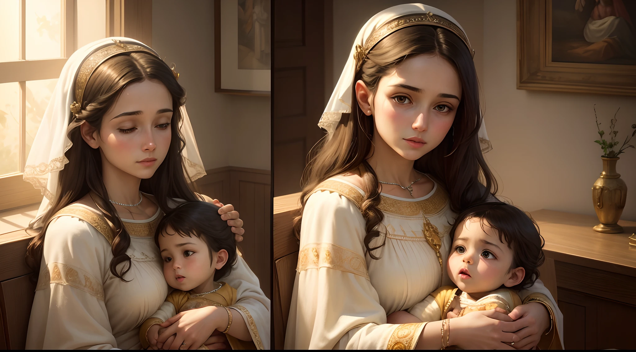 best quality,4k,8k,highres,masterpiece:1.2,ultra-detailed,realistic:1.37,portrait,ancient times,Hebrew woman,holding a ,historical scene,biblical era,traditional clothes,sincere expression,soft lighting,golden color palette,vibrant colors,religious significance,pure emotions,warm atmosphere,gentle motherly love,simple background,classic painting style,subtle textures,maternal bond,sacred moment,sunlight filtering through the window,harmonious composition,religious symbolism,authentic details,peaceful ambiance,deeply emotional,profound sense of spirituality,nostalgic feeling