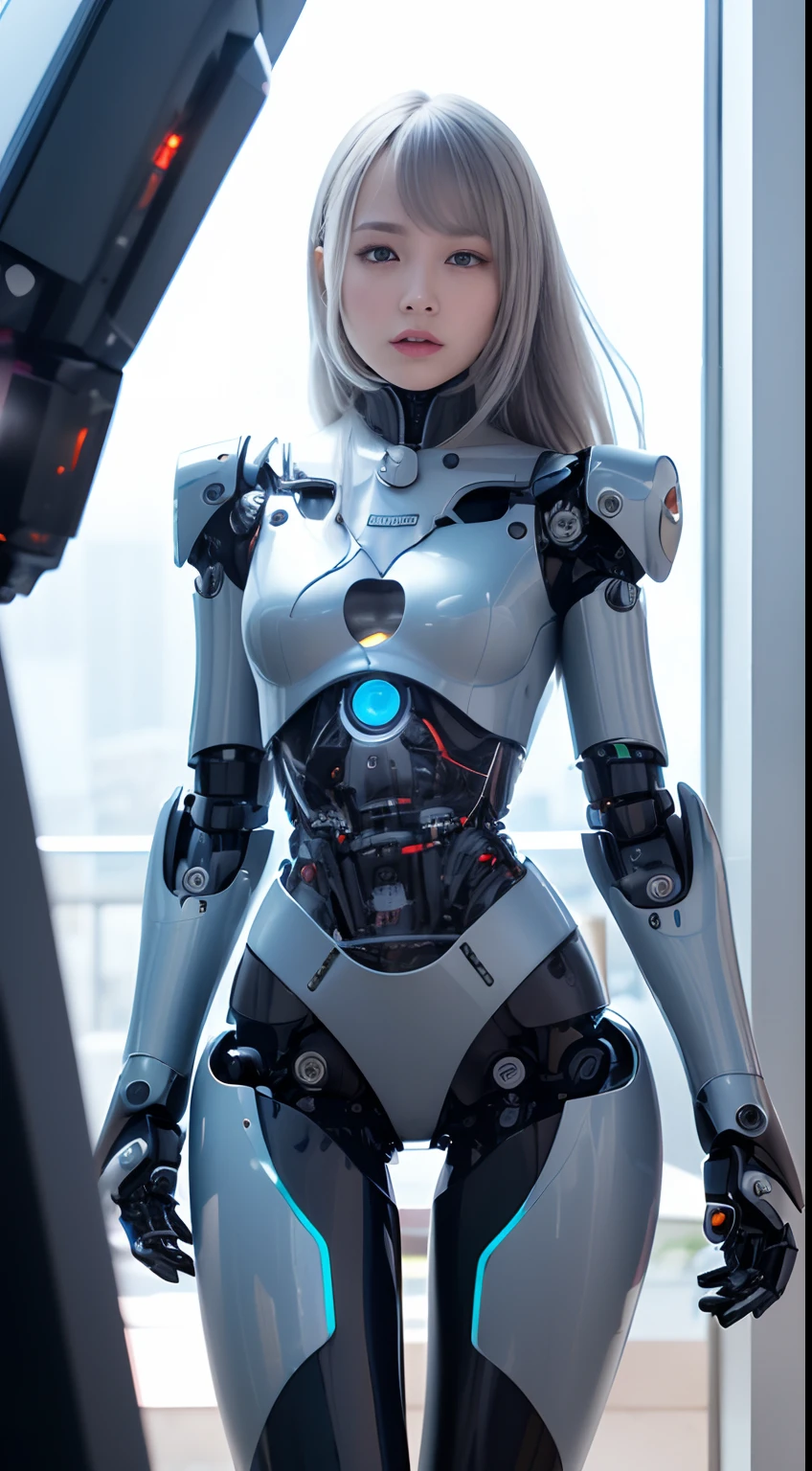 ((Robot Girl, mechs)), Glowing eyes, Delicate face, broken armor, Mechanical aura, Mechanical arm, Gray hair, Long hair, ceramic body, Thigh gap, tiny chest, cyber background, Very nice city, (translucent, reflection skin), 8K, Best Quality, Ultra-detailed, (surrealism: 1.4),(Perfect Robot Girl),(Perfect mechanical body)