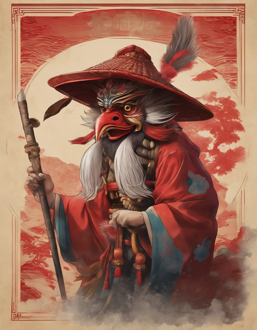 Japanese mythology, Create a Tengu, red mask with long nose, thin and long nose, Japanese straw hats with feathers, 8k, ultra realism, cinematic