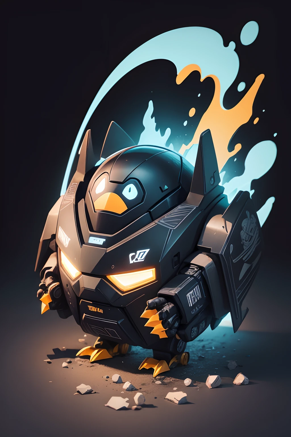 Penguin illustration for sticker on black background、Bold outline style、jagged、Trashcore、Light Shading、Shaped like a robot