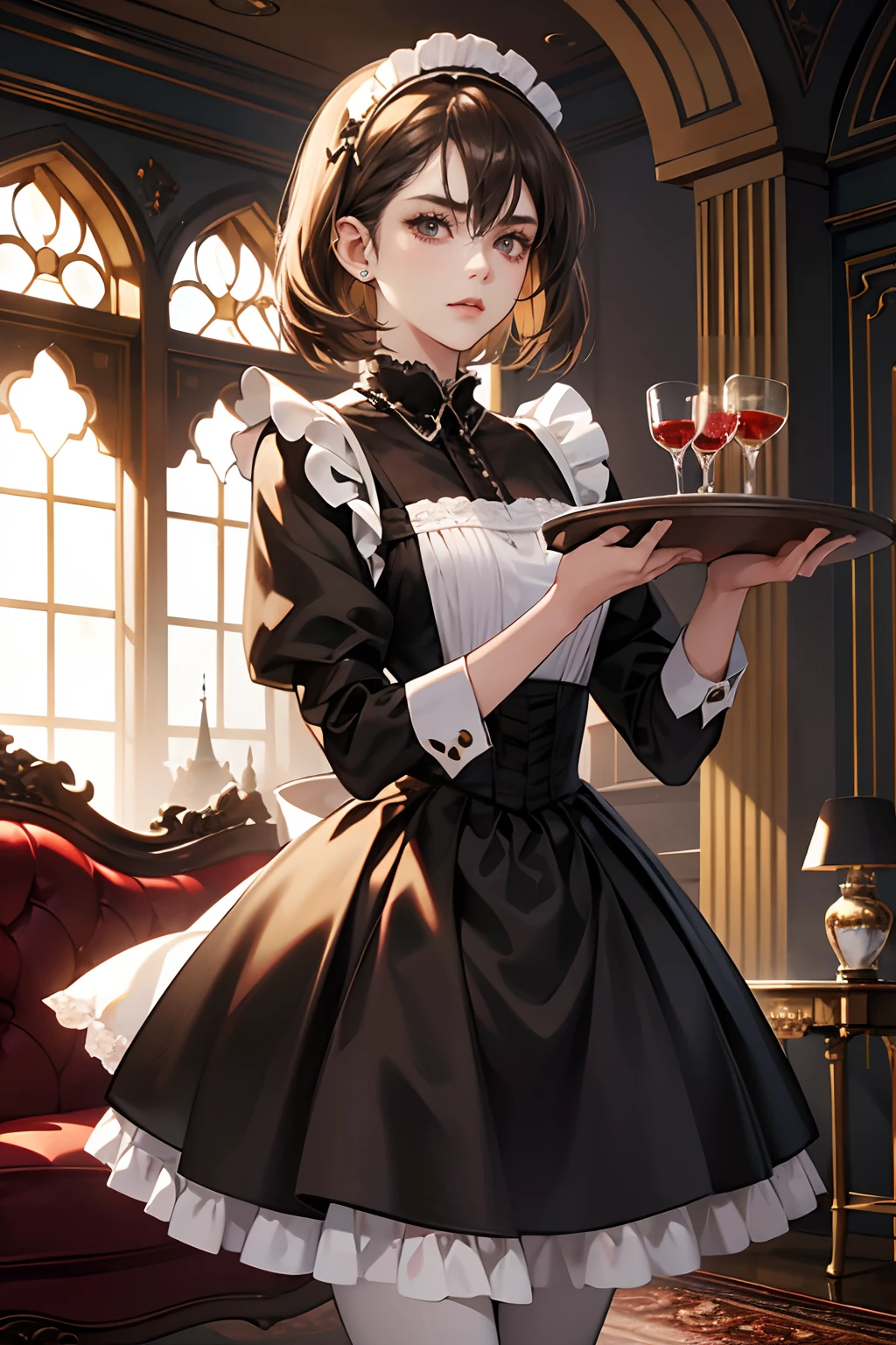 1 girl,Young and beautiful women,eye looking to camera,Perfect female body, (Short brown hair,Maid clothes,Serious expression,Tray in hand),Luxurious living room,Vampire Castle,Gothic style,Dark night,dramatic shadow, Ray tracing